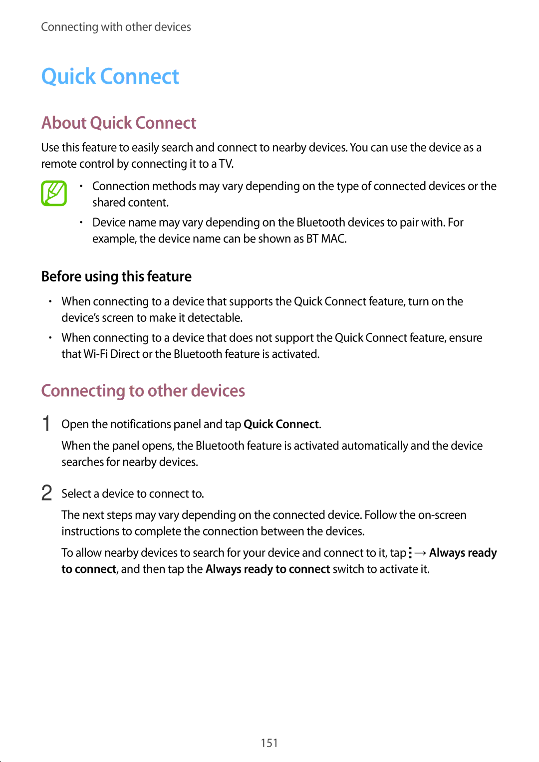 Samsung SM-T705NTSAXXV, SM-T705NTSAKSA, SM-T705NZWAXXV, SM-T705NTSASEE About Quick Connect, Before using this feature 