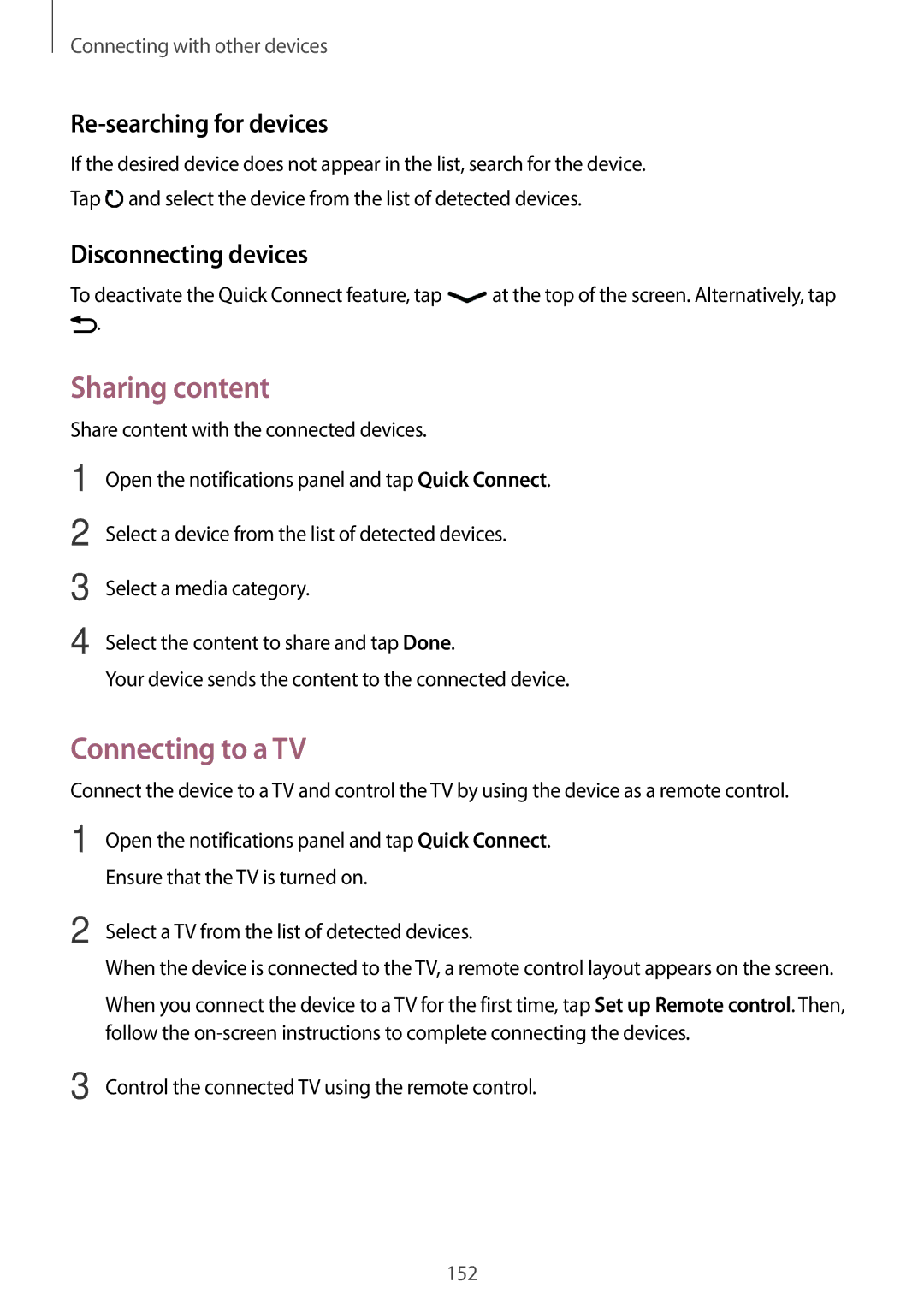 Samsung SM-T705NZWAXXV, SM-T705NTSAKSA, SM-T705NTSAXXV Sharing content, Re-searching for devices, Disconnecting devices 