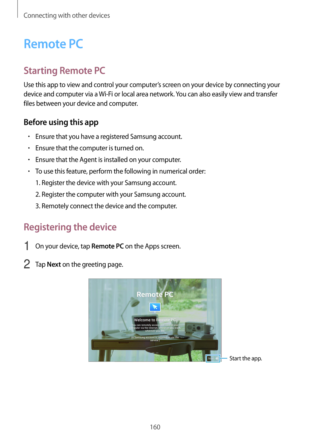 Samsung SM-T705NTSAKSA, SM-T705NTSAXXV, SM-T705NZWAXXV, SM-T705NTSASEE manual Starting Remote PC, Registering the device 