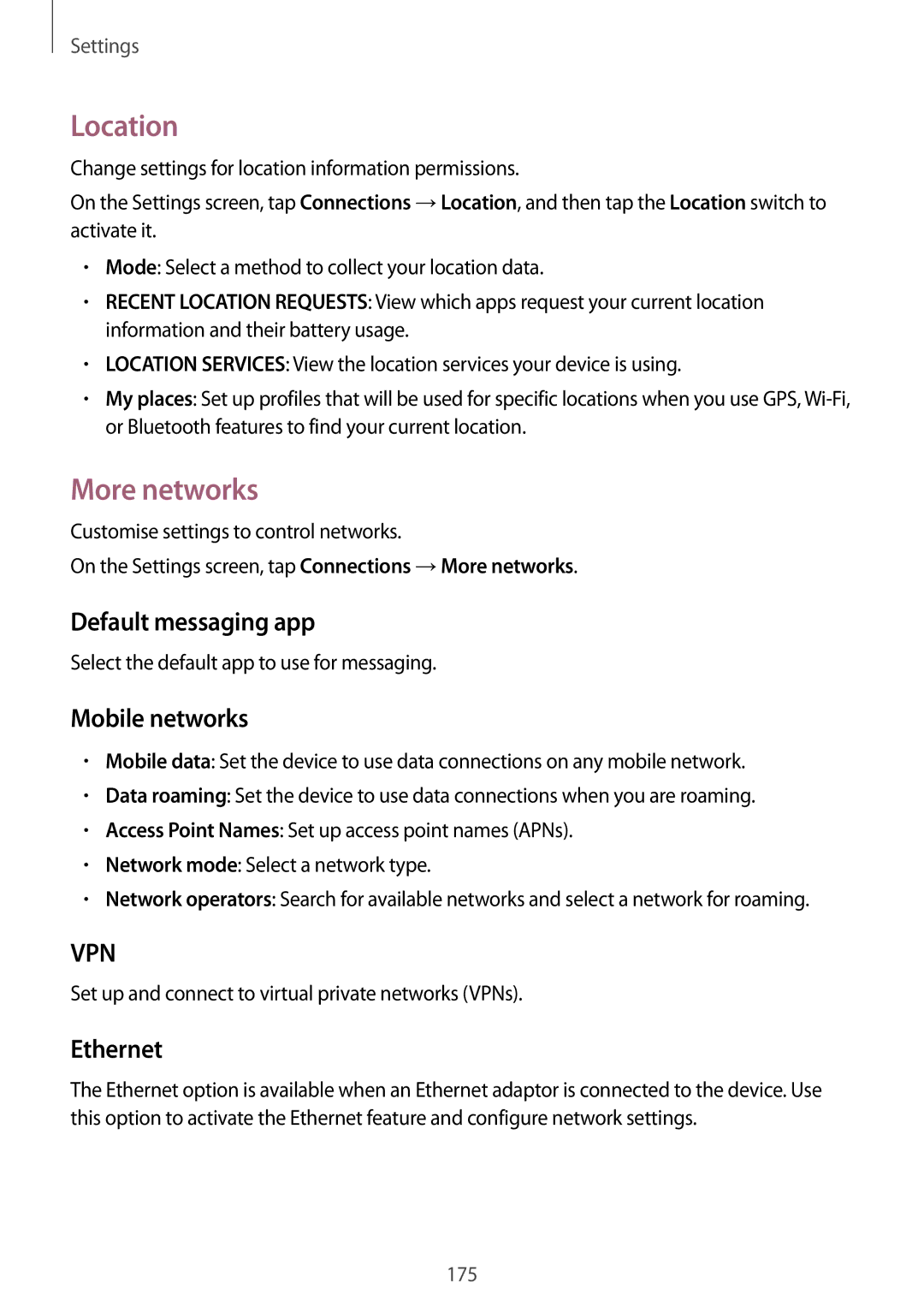 Samsung SM-T705NTSAKSA, SM-T705NTSAXXV manual Location, More networks, Default messaging app, Mobile networks, Ethernet 