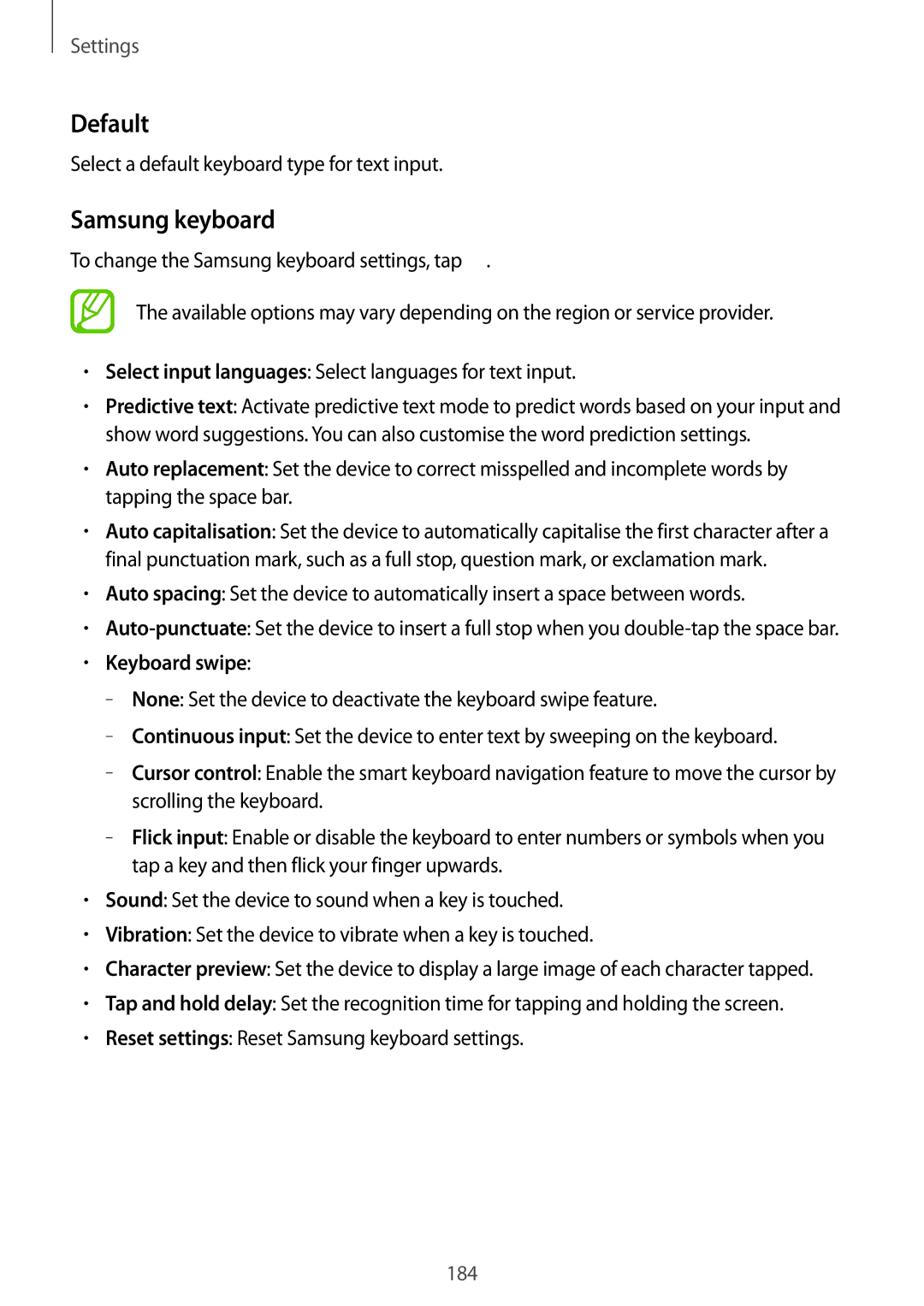 Samsung SM-T705NZWASEE manual Default, Samsung keyboard, Select a default keyboard type for text input, Keyboard swipe 