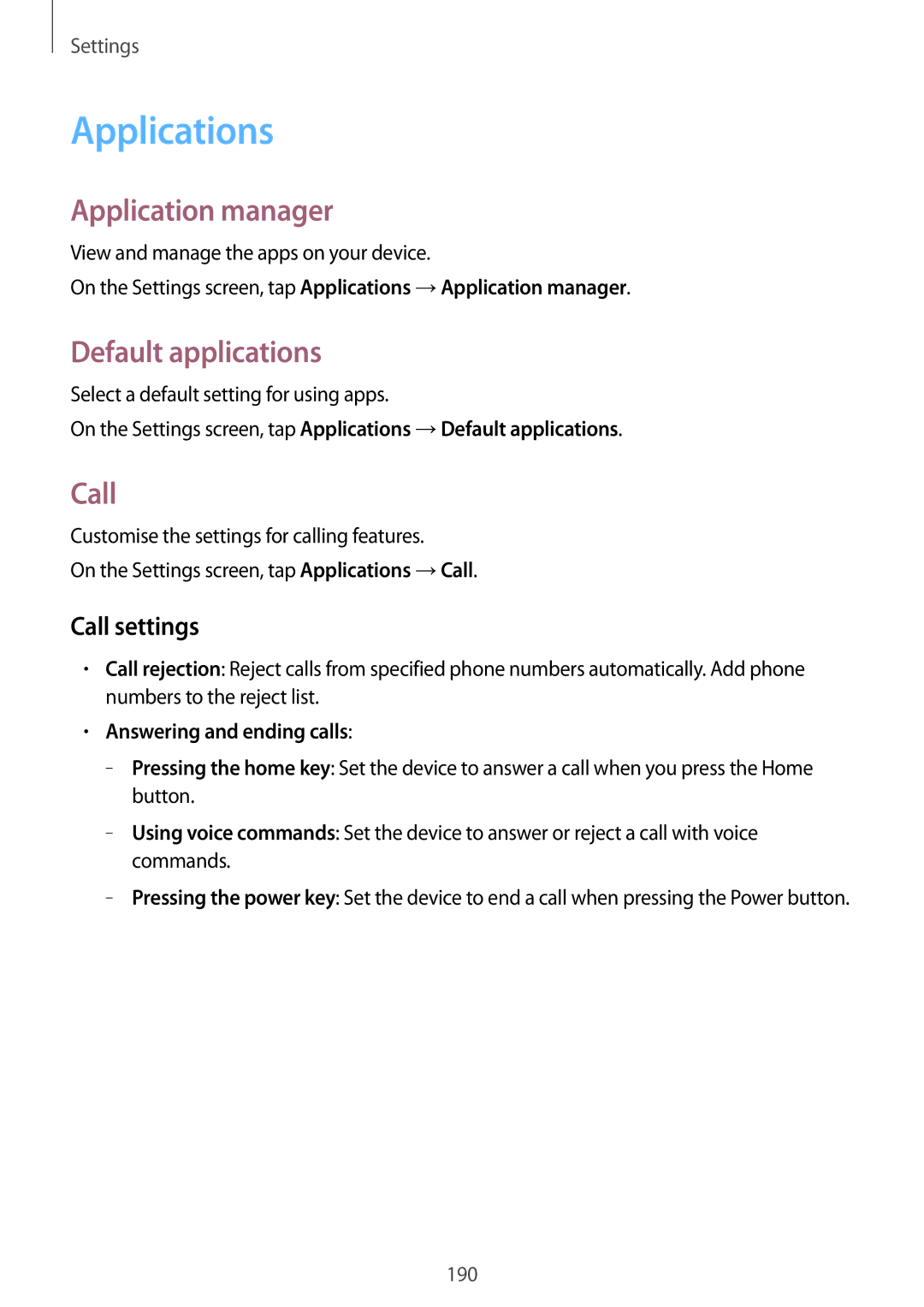 Samsung SM-T705NTSAKSA, SM-T705NTSAXXV manual Applications, Application manager, Default applications, Call settings 