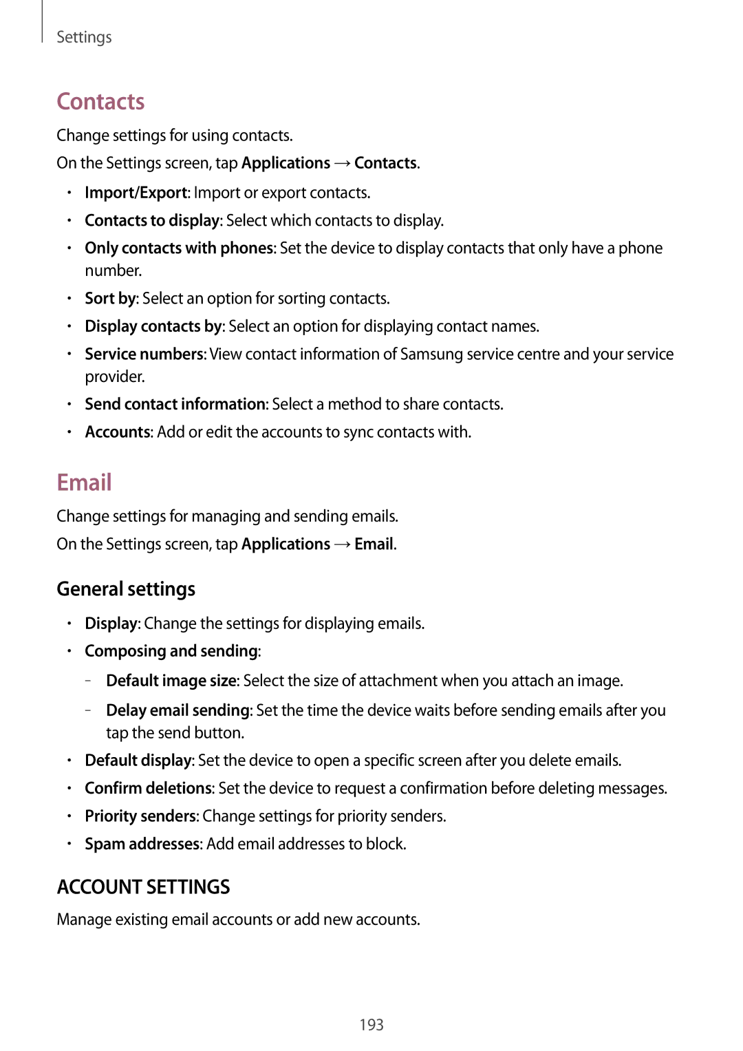 Samsung SM-T705NTSASEE, SM-T705NTSAKSA manual Contacts, General settings, Display Change the settings for displaying emails 