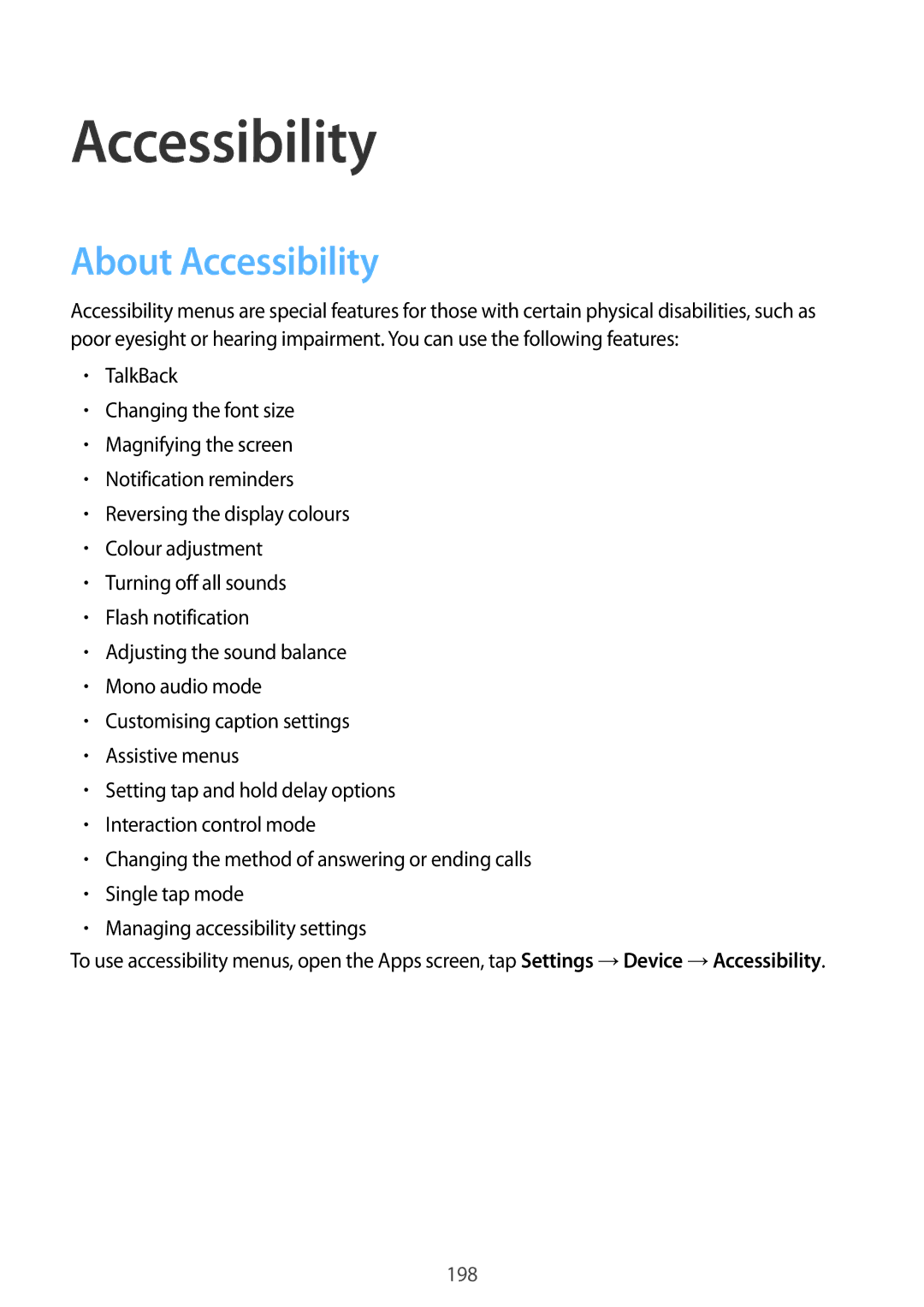 Samsung SM-T705NTSASEE, SM-T705NTSAKSA, SM-T705NTSAXXV, SM-T705NZWAXXV, SM-T705NZWASEE manual About Accessibility 