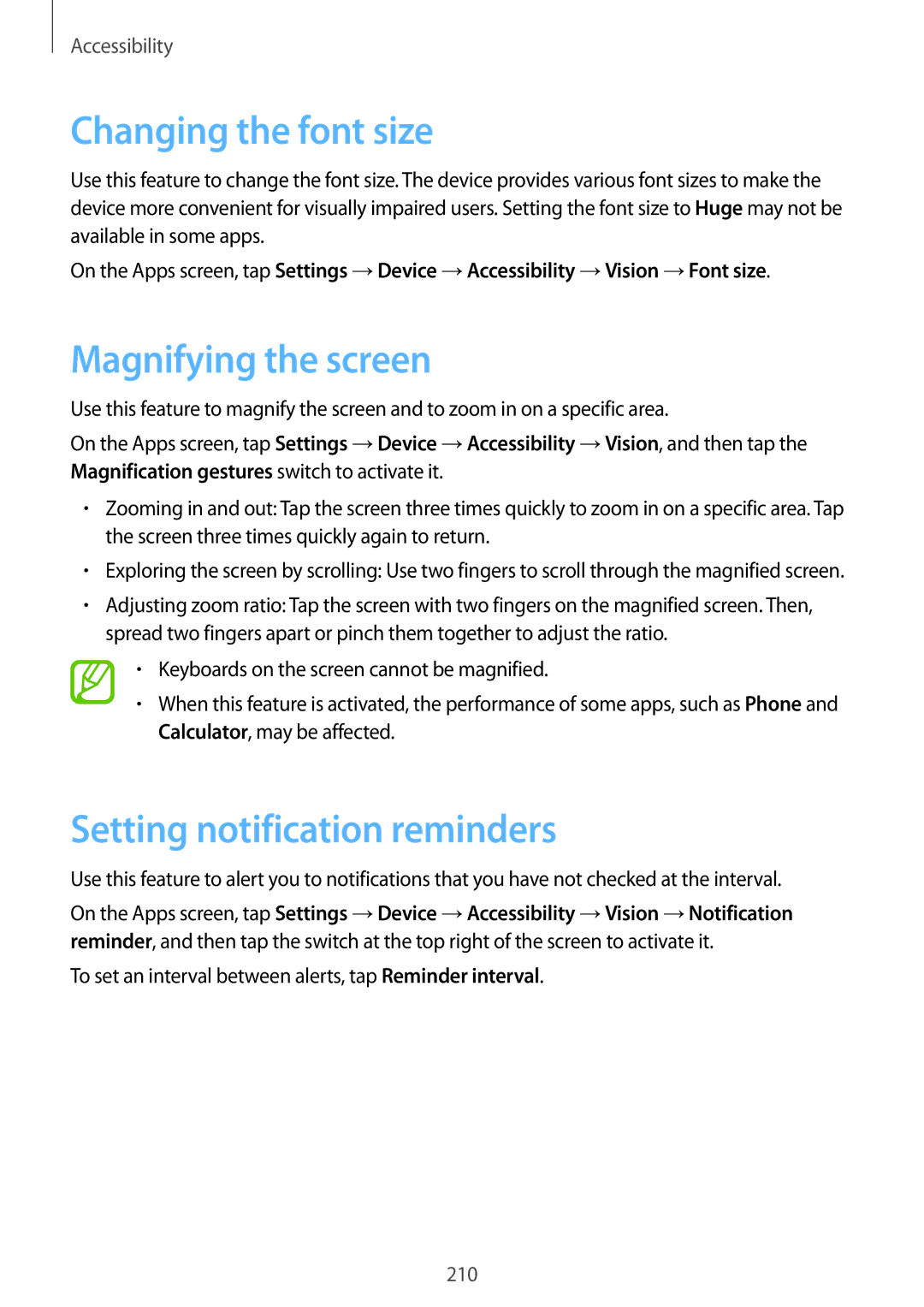 Samsung SM-T705NTSAKSA, SM-T705NTSAXXV manual Changing the font size, Magnifying the screen, Setting notification reminders 