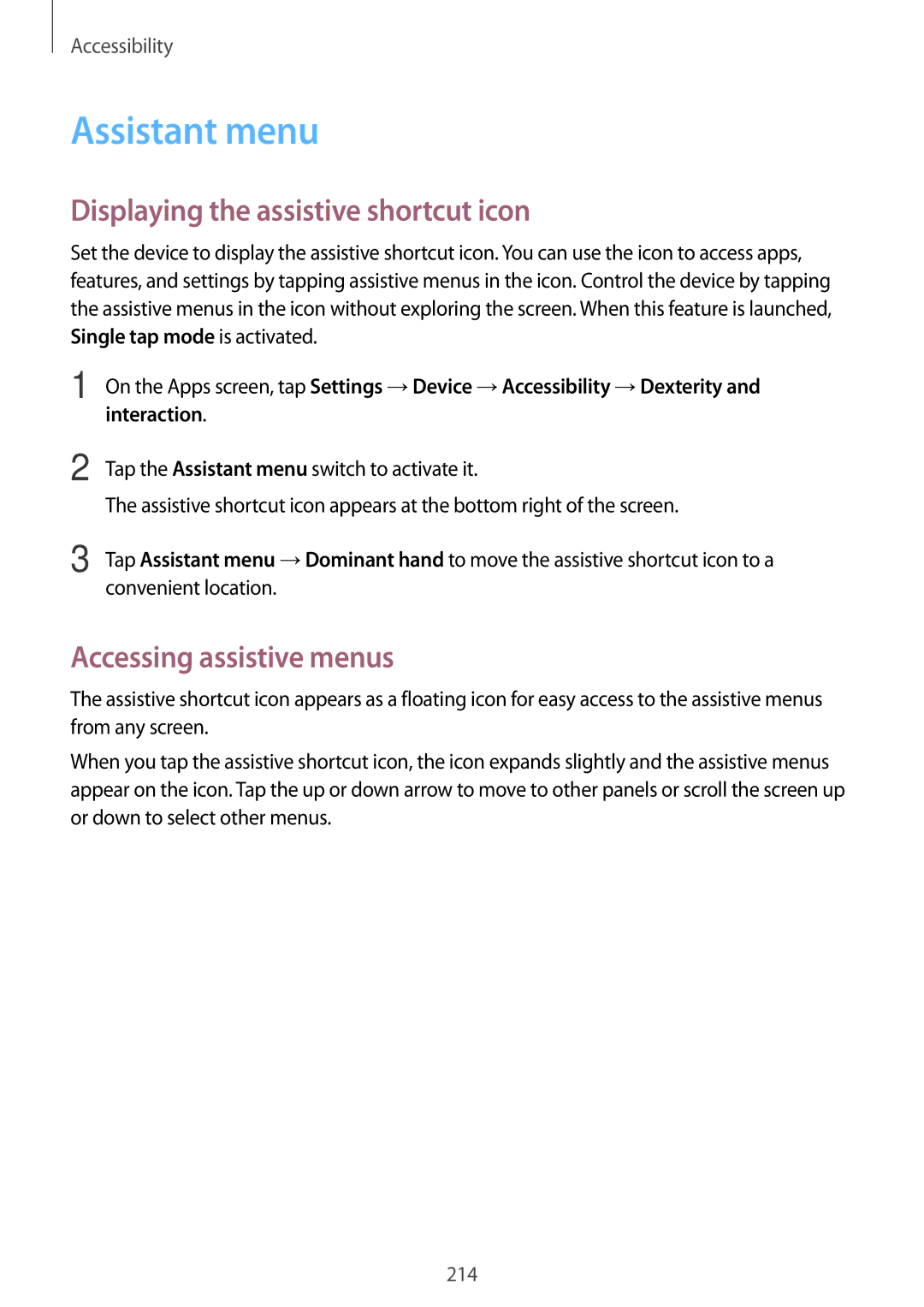 Samsung SM-T705NZWASEE, SM-T705NTSAKSA Assistant menu, Displaying the assistive shortcut icon, Accessing assistive menus 