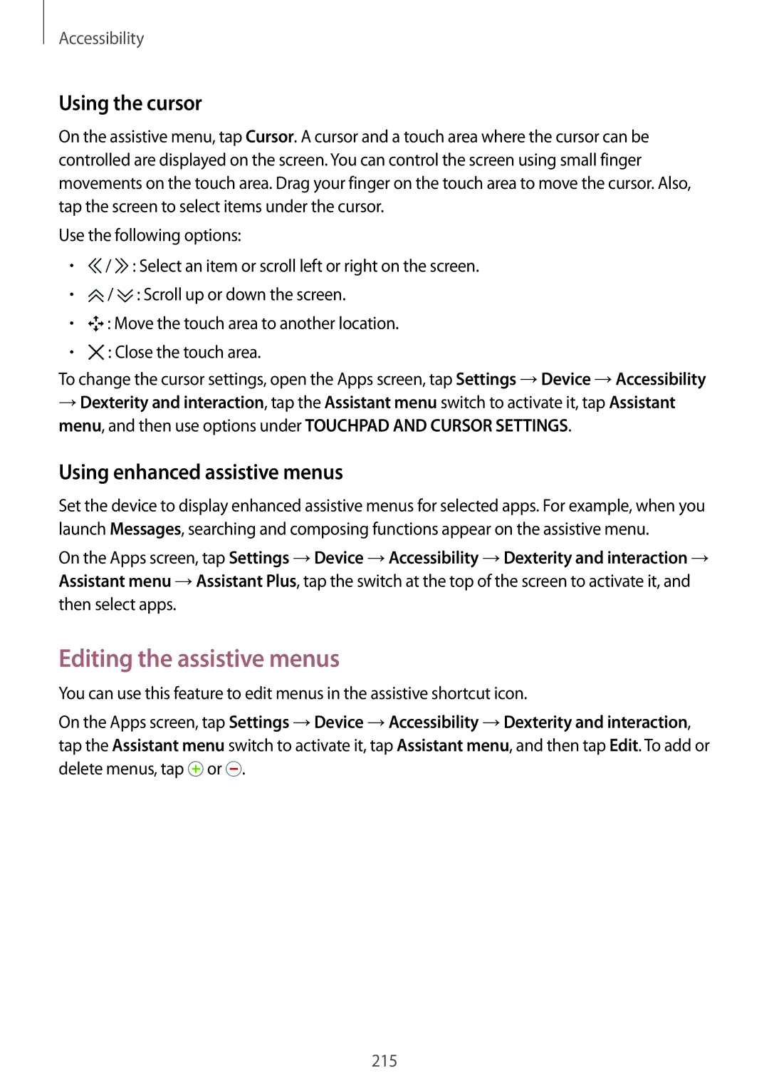 Samsung SM-T705NTSAKSA, SM-T705NTSAXXV manual Editing the assistive menus, Using the cursor, Using enhanced assistive menus 