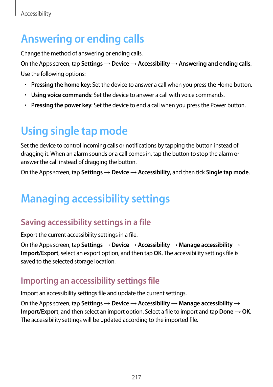 Samsung SM-T705NZWAXXV, SM-T705NTSAKSA Answering or ending calls, Using single tap mode, Managing accessibility settings 