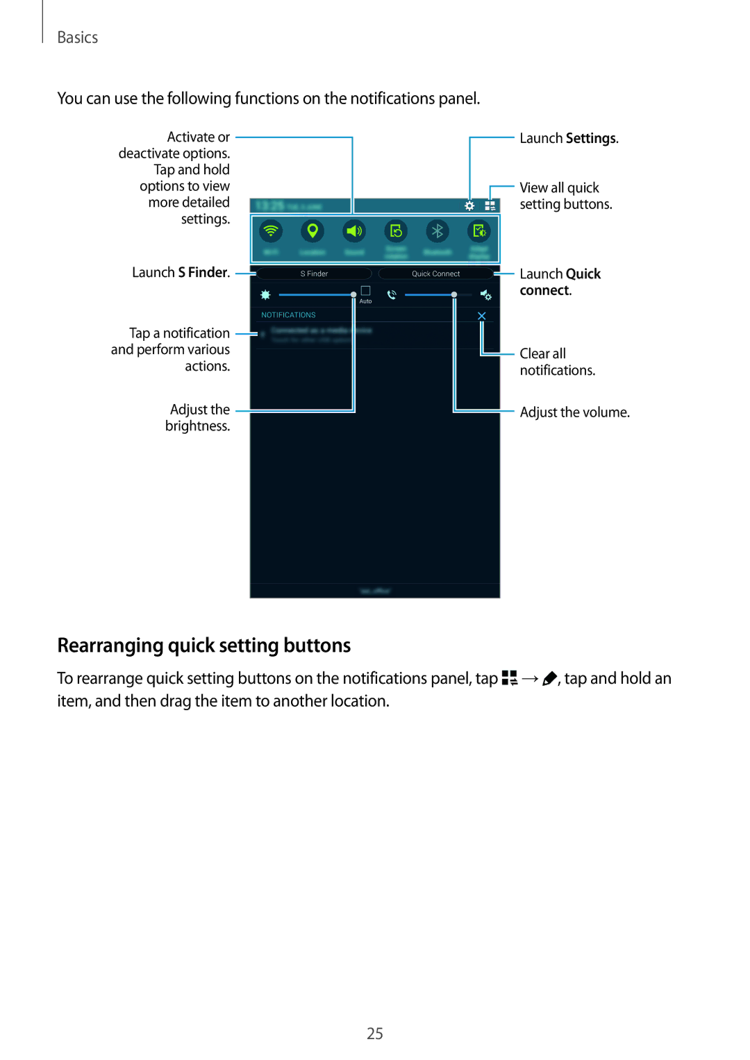 Samsung SM-T705NTSAKSA, SM-T705NTSAXXV, SM-T705NZWAXXV, SM-T705NTSASEE, SM-T705NZWASEE manual Rearranging quick setting buttons 