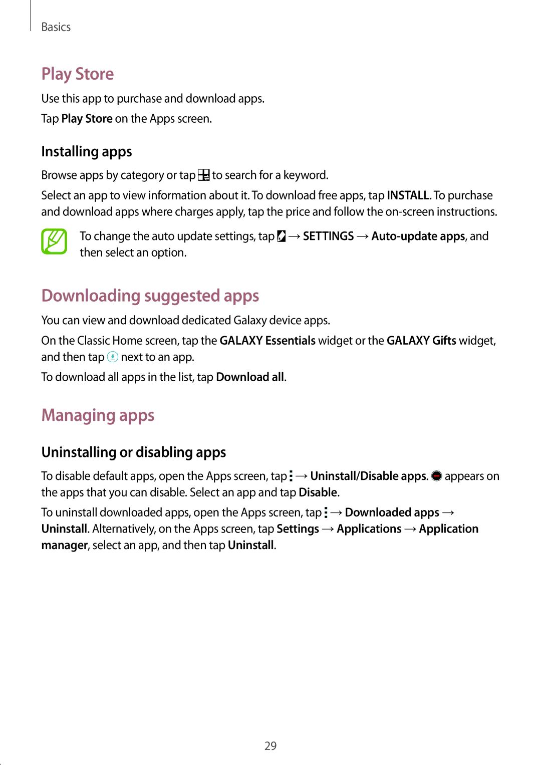 Samsung SM-T705NZWASEE manual Play Store, Downloading suggested apps, Managing apps, Uninstalling or disabling apps 