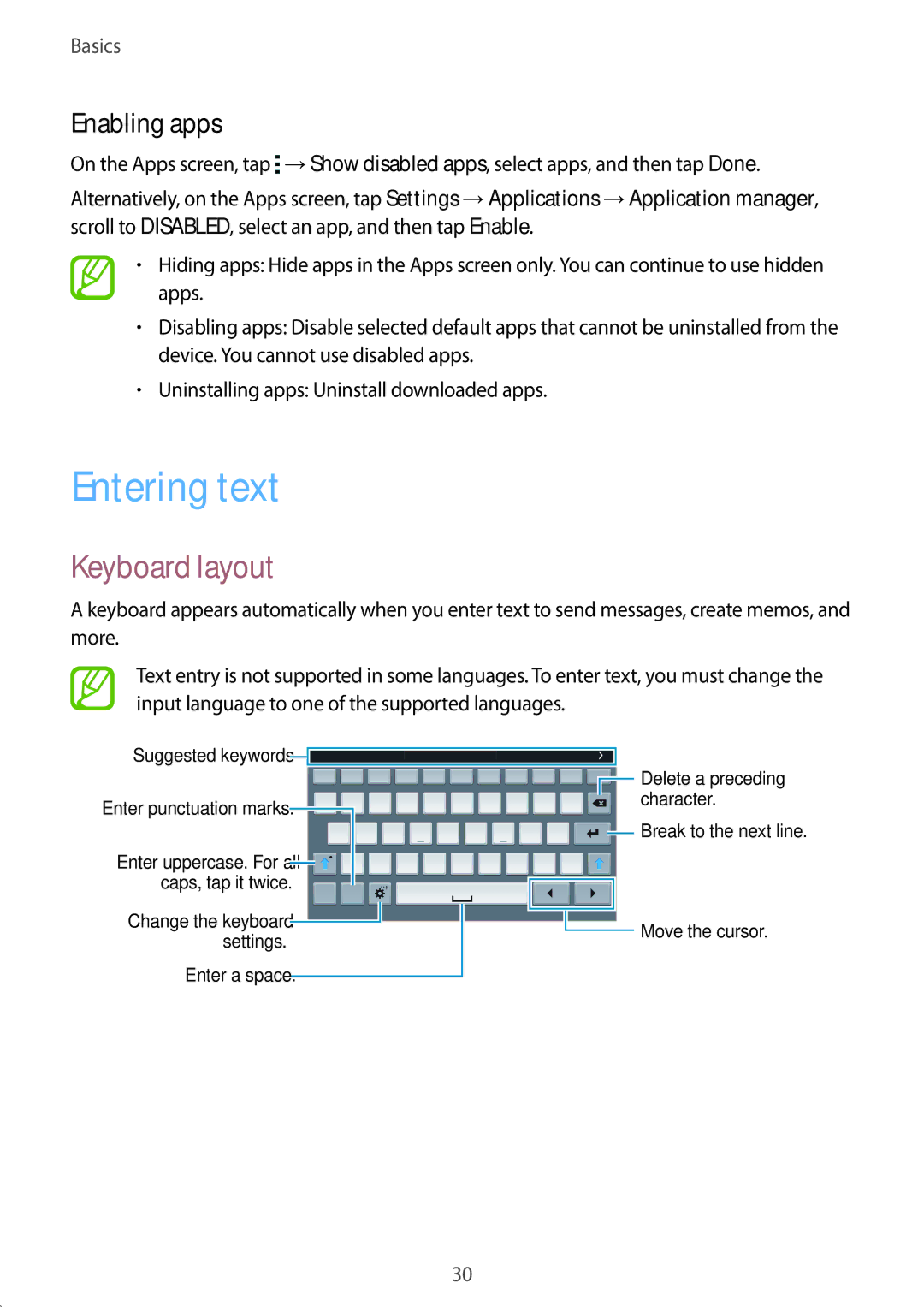 Samsung SM-T705NTSAKSA, SM-T705NTSAXXV, SM-T705NZWAXXV, SM-T705NTSASEE manual Entering text, Keyboard layout, Enabling apps 