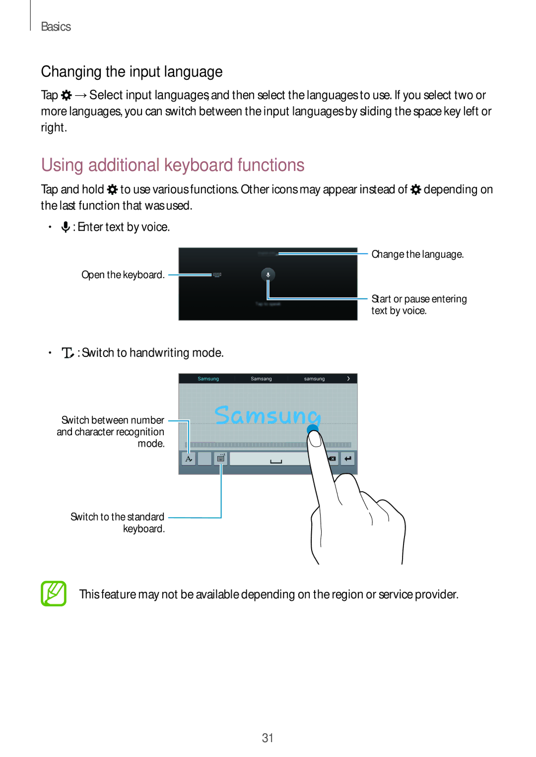 Samsung SM-T705NTSAXXV manual Using additional keyboard functions, Changing the input language, Switch to handwriting mode 