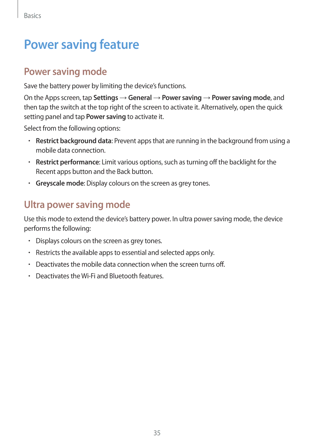 Samsung SM-T705NTSAKSA, SM-T705NTSAXXV, SM-T705NZWAXXV Power saving feature, Power saving mode, Ultra power saving mode 