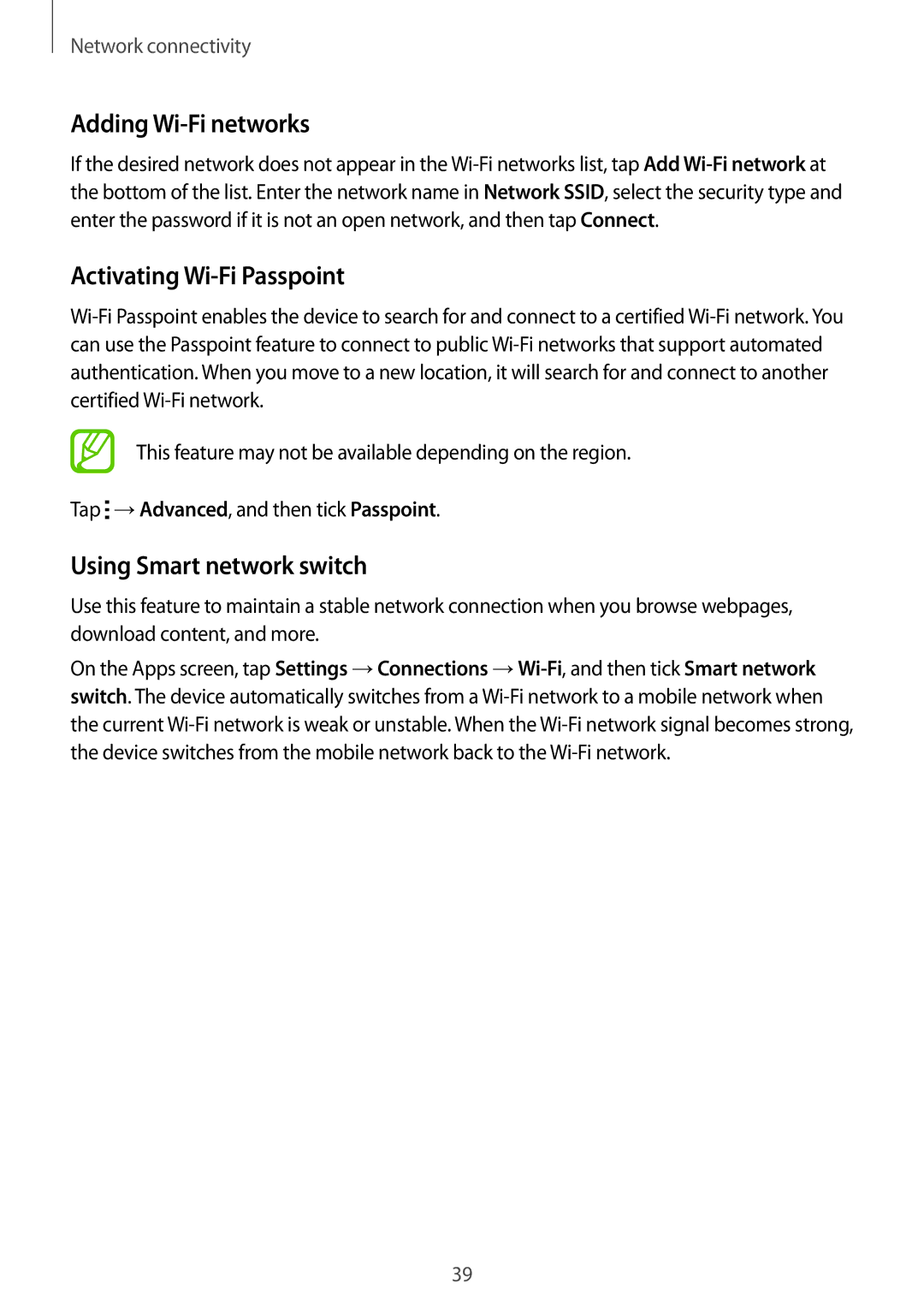 Samsung SM-T705NZWASEE, SM-T705NTSAKSA manual Adding Wi-Fi networks, Activating Wi-Fi Passpoint, Using Smart network switch 