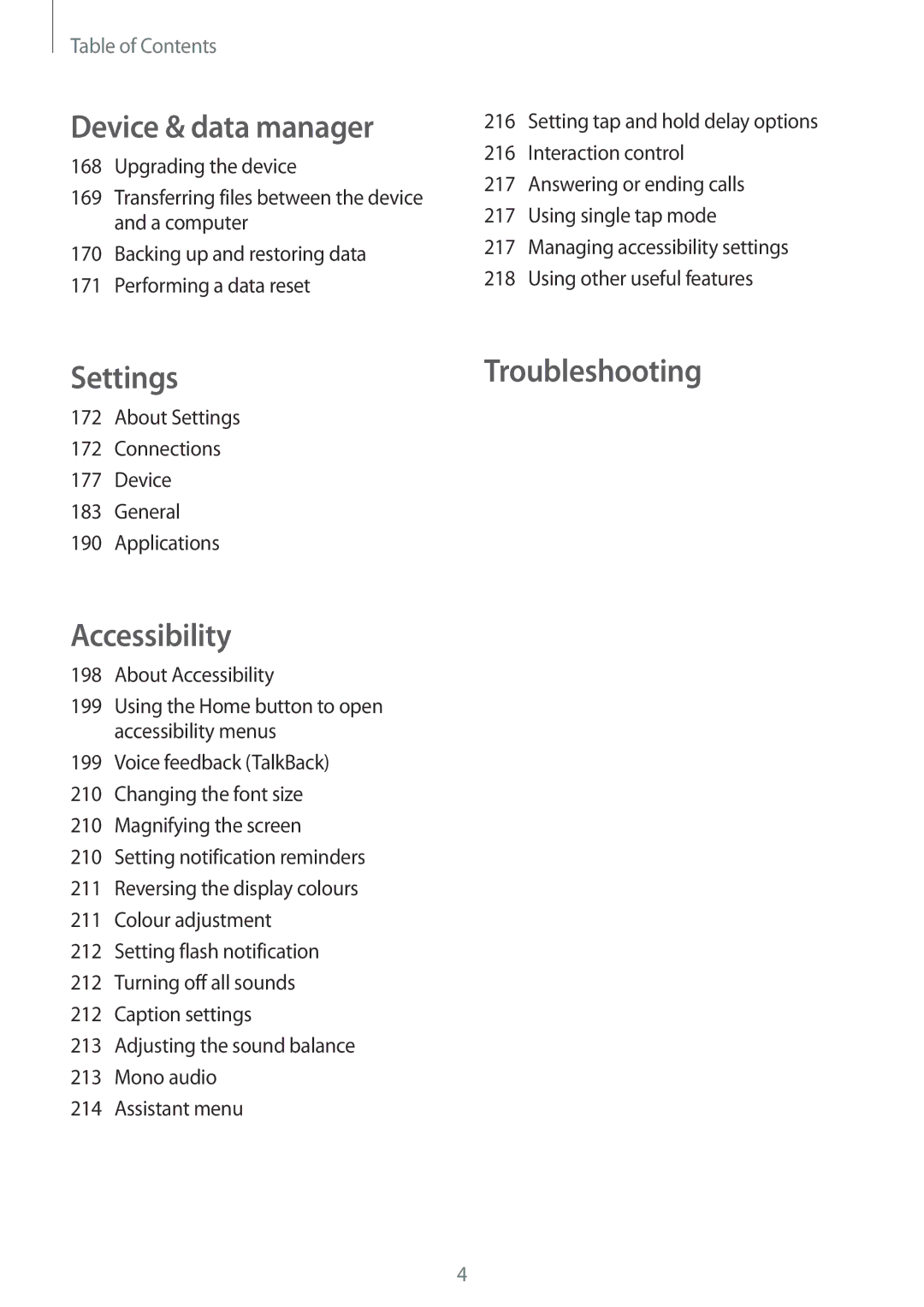 Samsung SM-T705NZWASEE, SM-T705NTSAKSA manual Device & data manager, About Settings Connections Device General Applications 