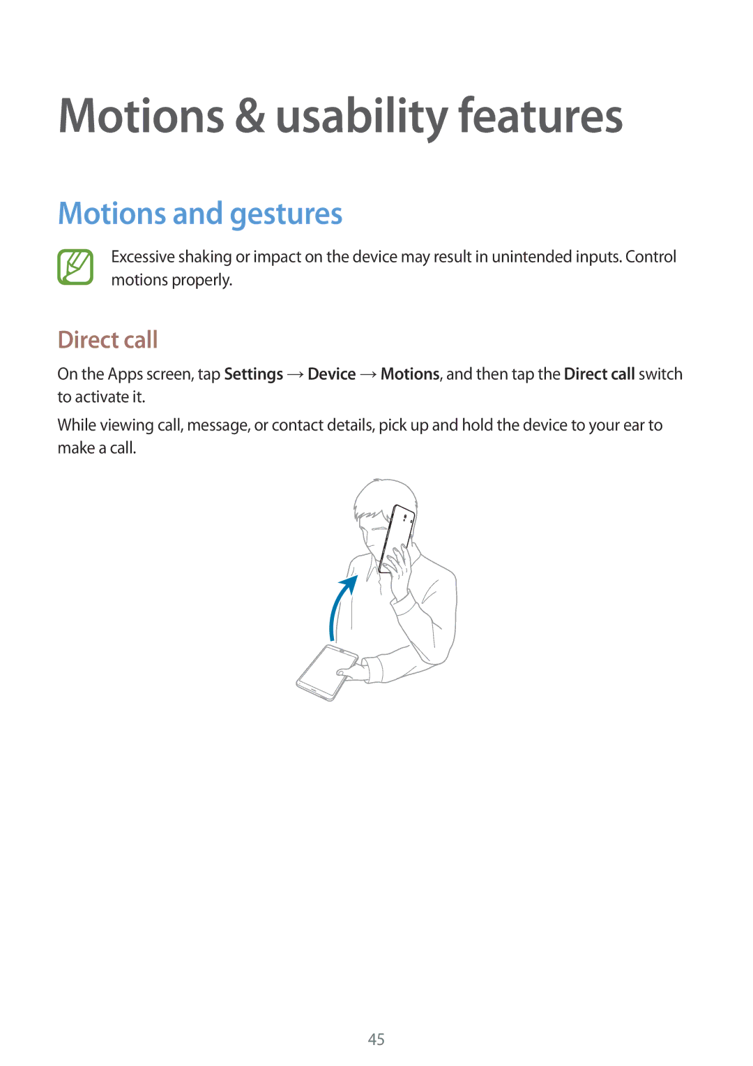 Samsung SM-T705NTSAKSA, SM-T705NTSAXXV, SM-T705NZWAXXV manual Motions & usability features, Motions and gestures, Direct call 