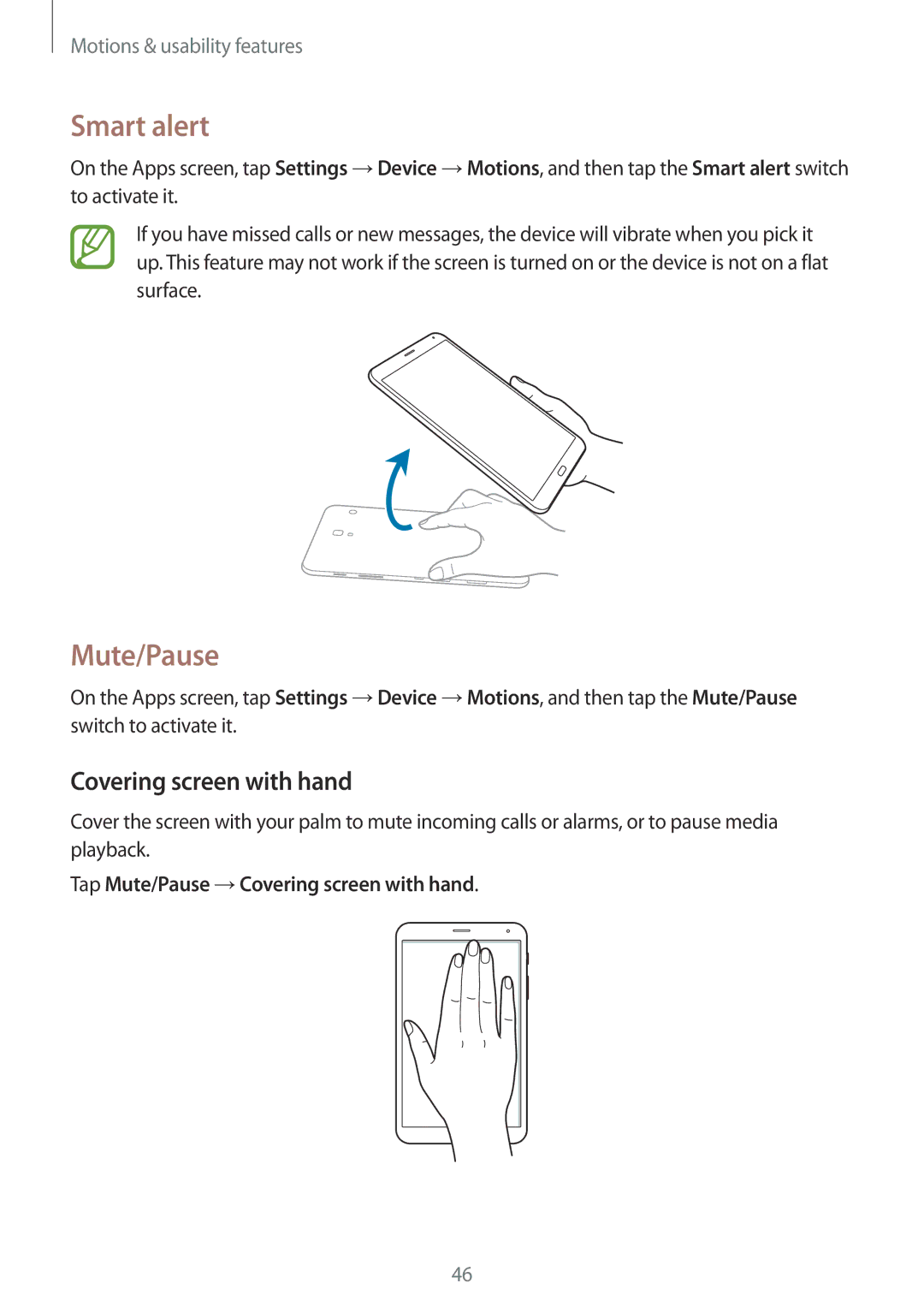 Samsung SM-T705NTSAXXV, SM-T705NTSAKSA, SM-T705NZWAXXV manual Smart alert, Tap Mute/Pause →Covering screen with hand 