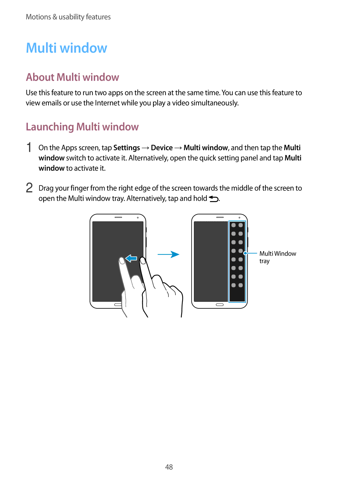 Samsung SM-T705NTSASEE, SM-T705NTSAKSA manual About Multi window, Launching Multi window, Window to activate it 