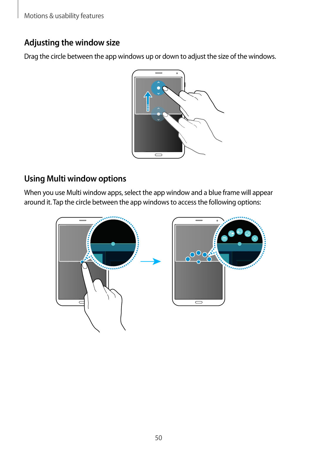 Samsung SM-T705NTSAKSA, SM-T705NTSAXXV, SM-T705NZWAXXV, SM-T705NTSASEE Adjusting the window size, Using Multi window options 