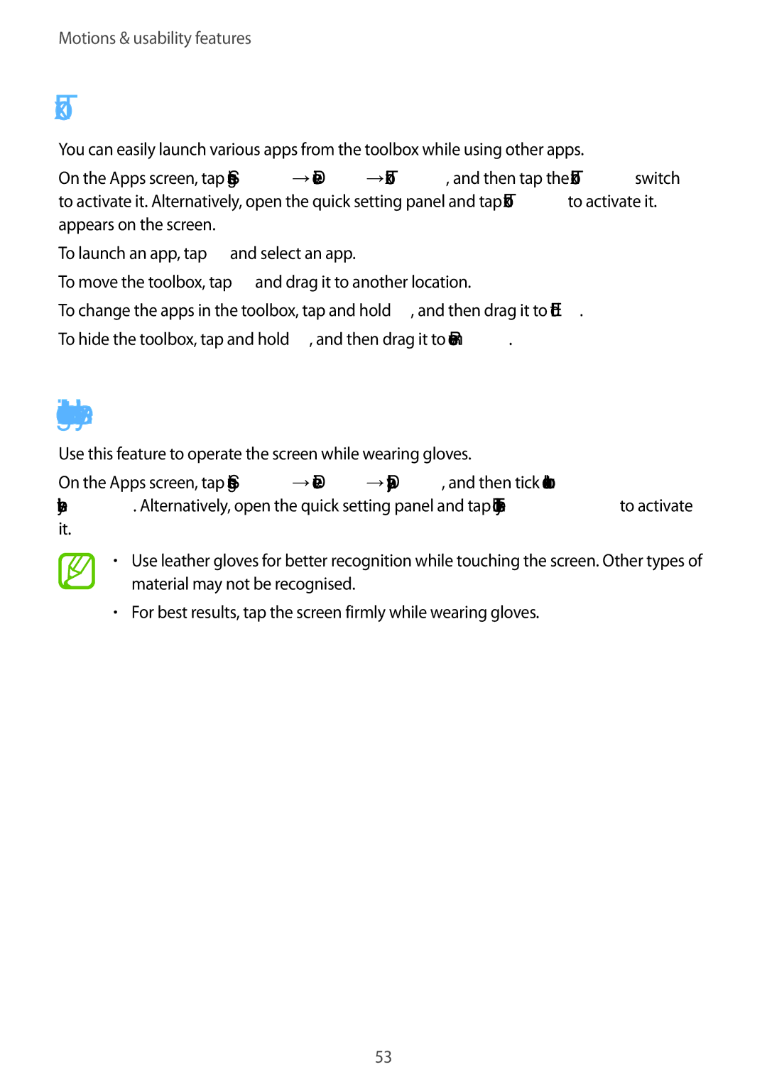 Samsung SM-T705NTSASEE, SM-T705NTSAKSA, SM-T705NTSAXXV, SM-T705NZWAXXV manual Toolbox, Increasing touch screen sensitivity 