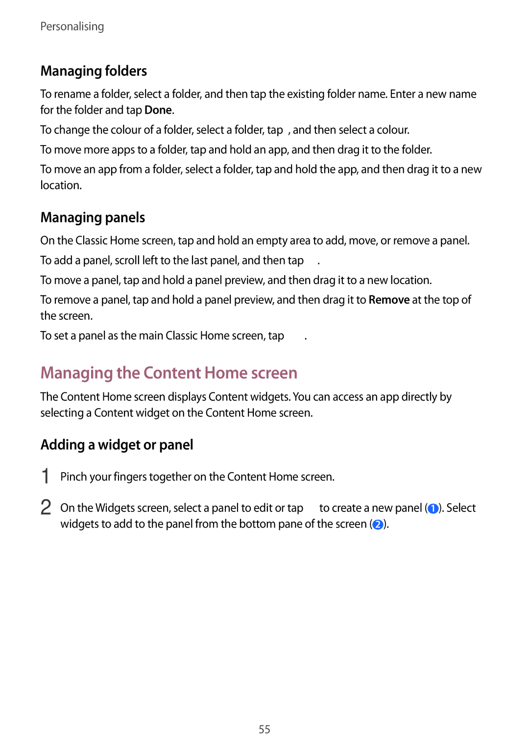 Samsung SM-T705NTSAKSA manual Managing the Content Home screen, Managing folders, Managing panels, Adding a widget or panel 