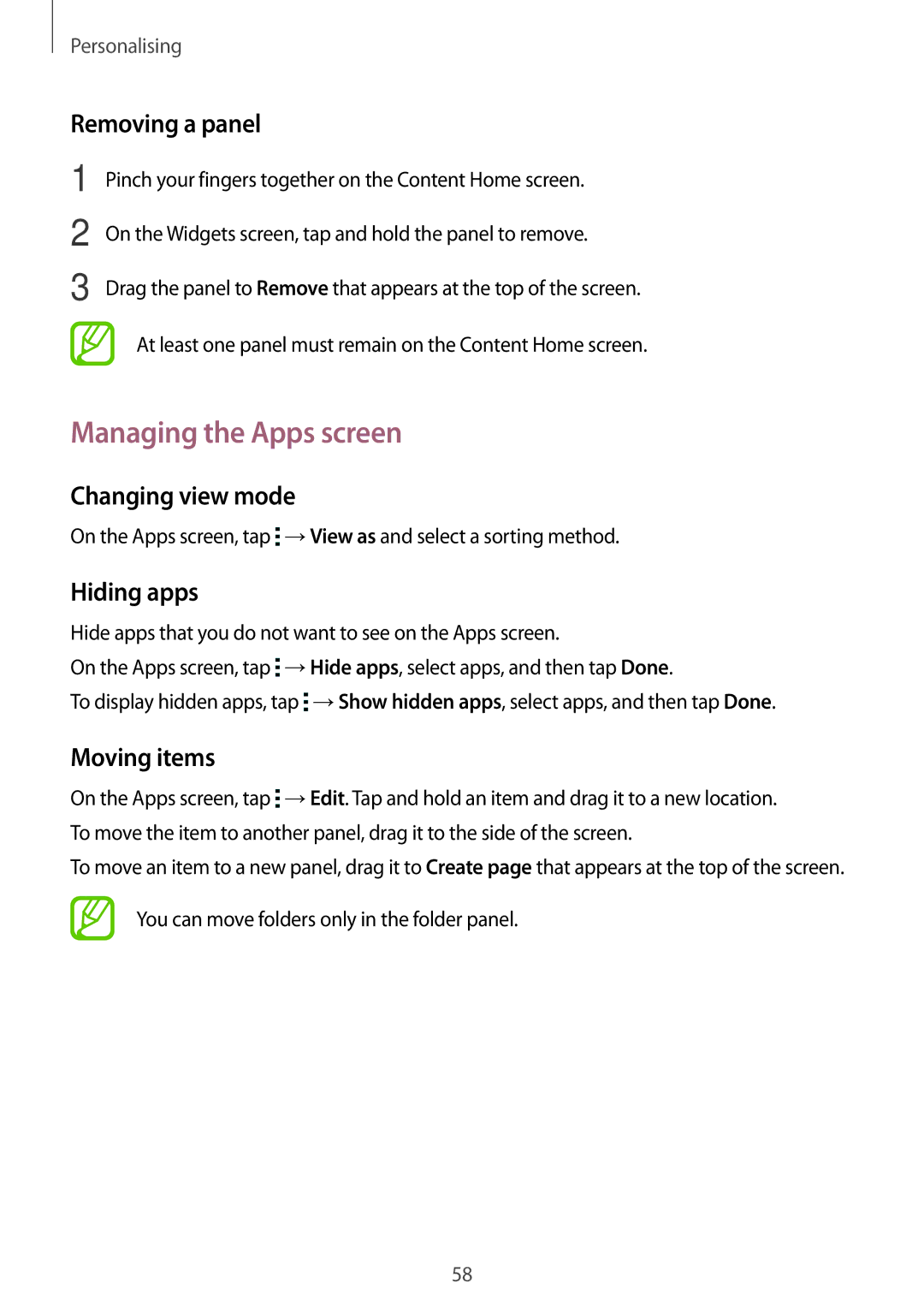 Samsung SM-T705NTSASEE manual Managing the Apps screen, Removing a panel, Changing view mode, Hiding apps, Moving items 