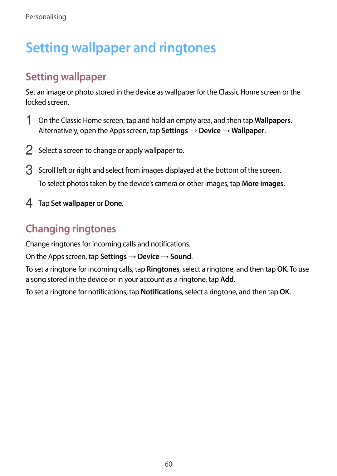 Samsung SM-T705NTSAKSA, SM-T705NTSAXXV manual Setting wallpaper and ringtones, Changing ringtones, Tap Set wallpaper or Done 