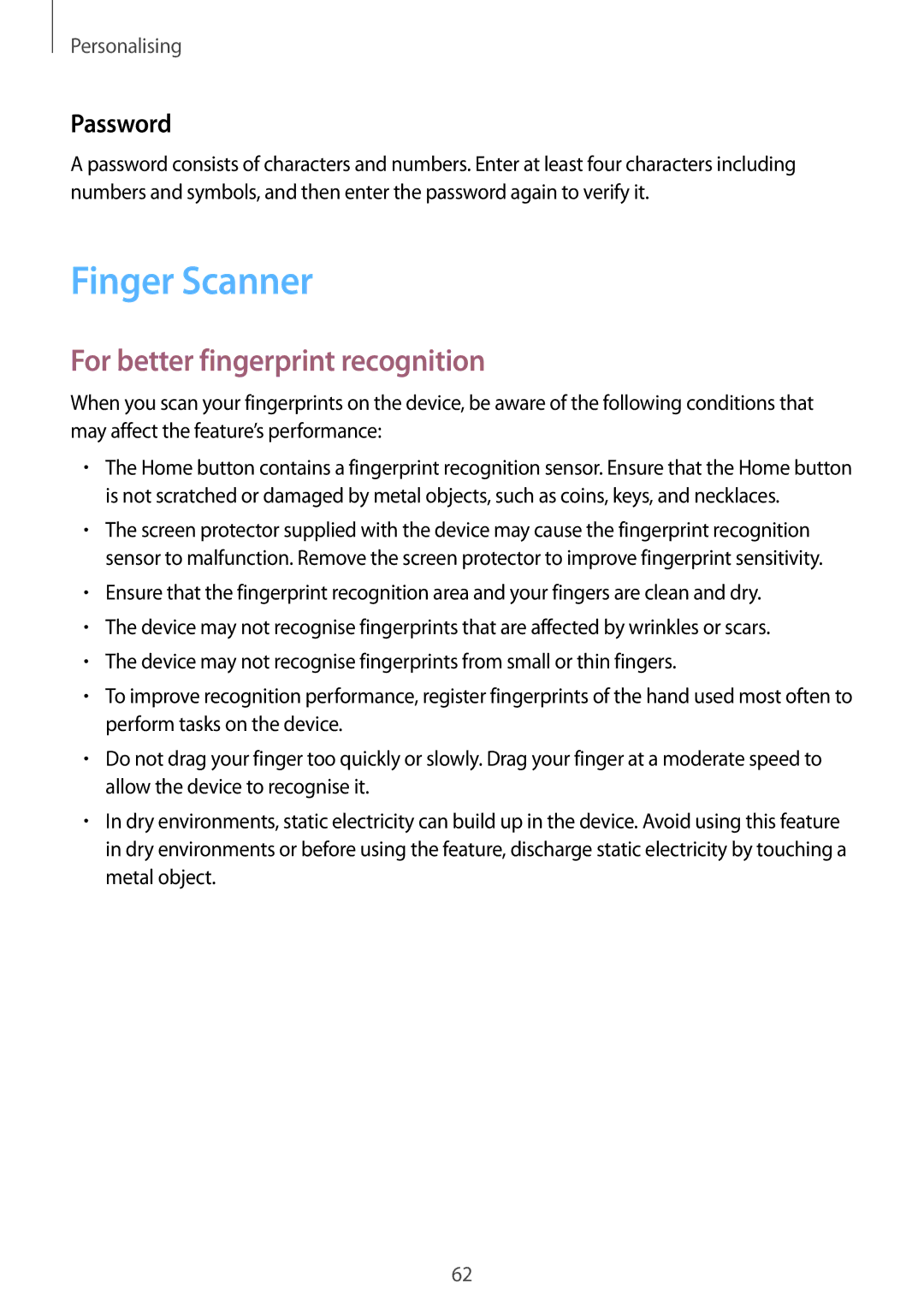 Samsung SM-T705NZWAXXV, SM-T705NTSAKSA, SM-T705NTSAXXV manual Finger Scanner, For better fingerprint recognition, Password 