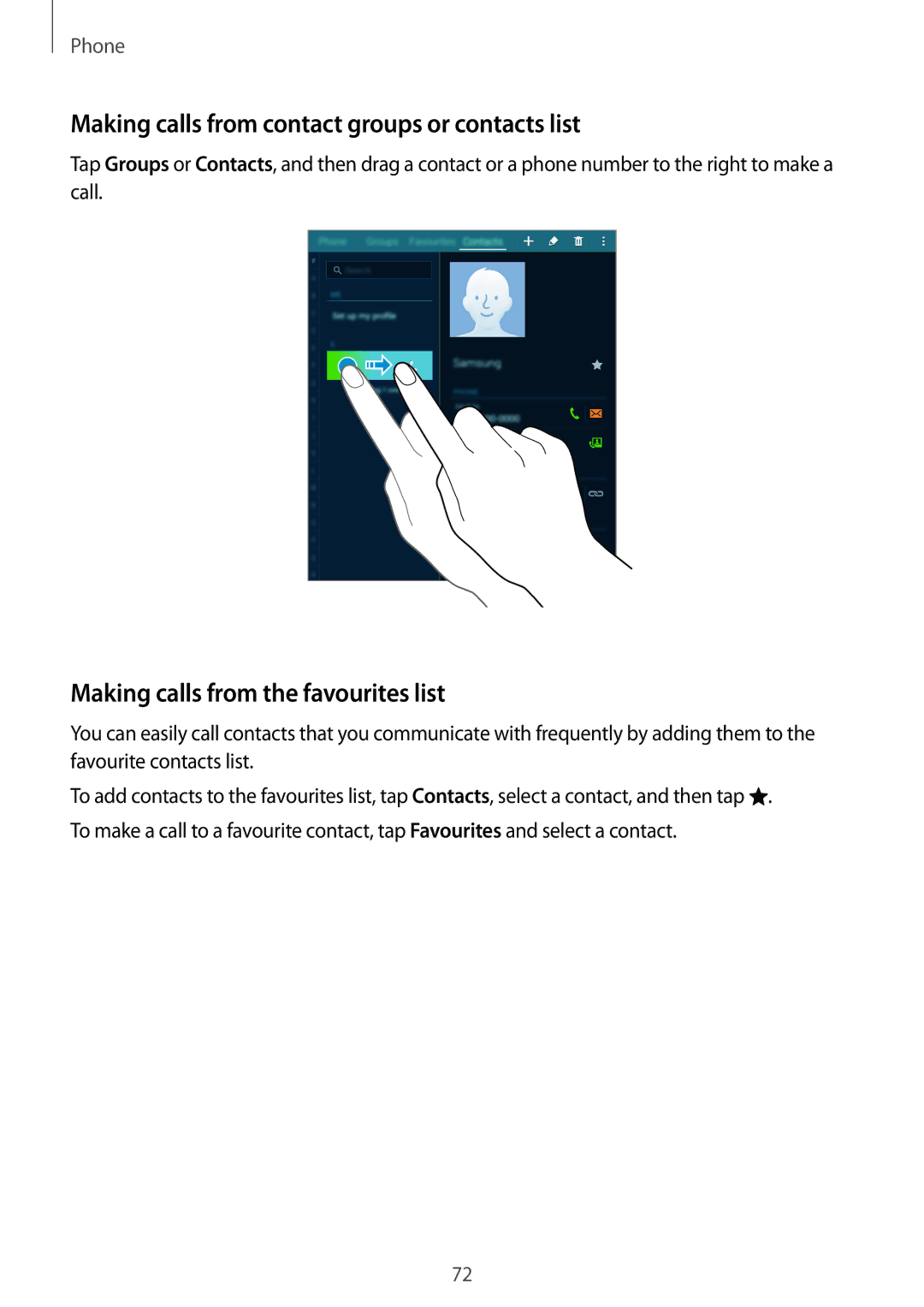 Samsung SM-T705NZWAXXV manual Making calls from contact groups or contacts list, Making calls from the favourites list 