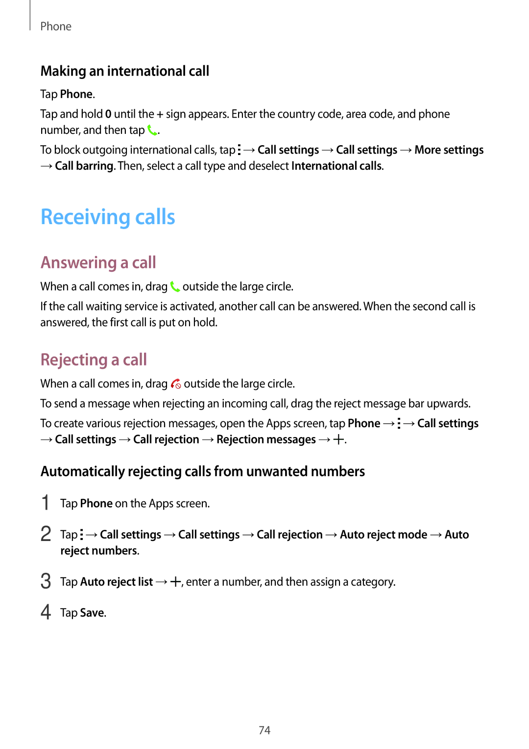 Samsung SM-T705NZWASEE, SM-T705NTSAKSA Receiving calls, Answering a call, Rejecting a call, Making an international call 