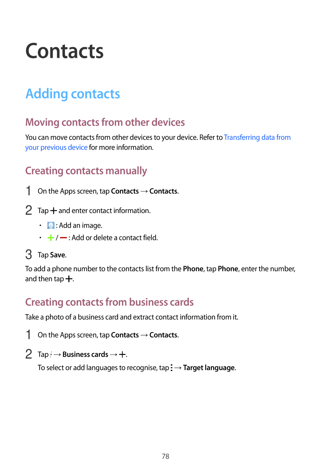 Samsung SM-T705NTSASEE Contacts, Adding contacts, Moving contacts from other devices, Creating contacts manually 