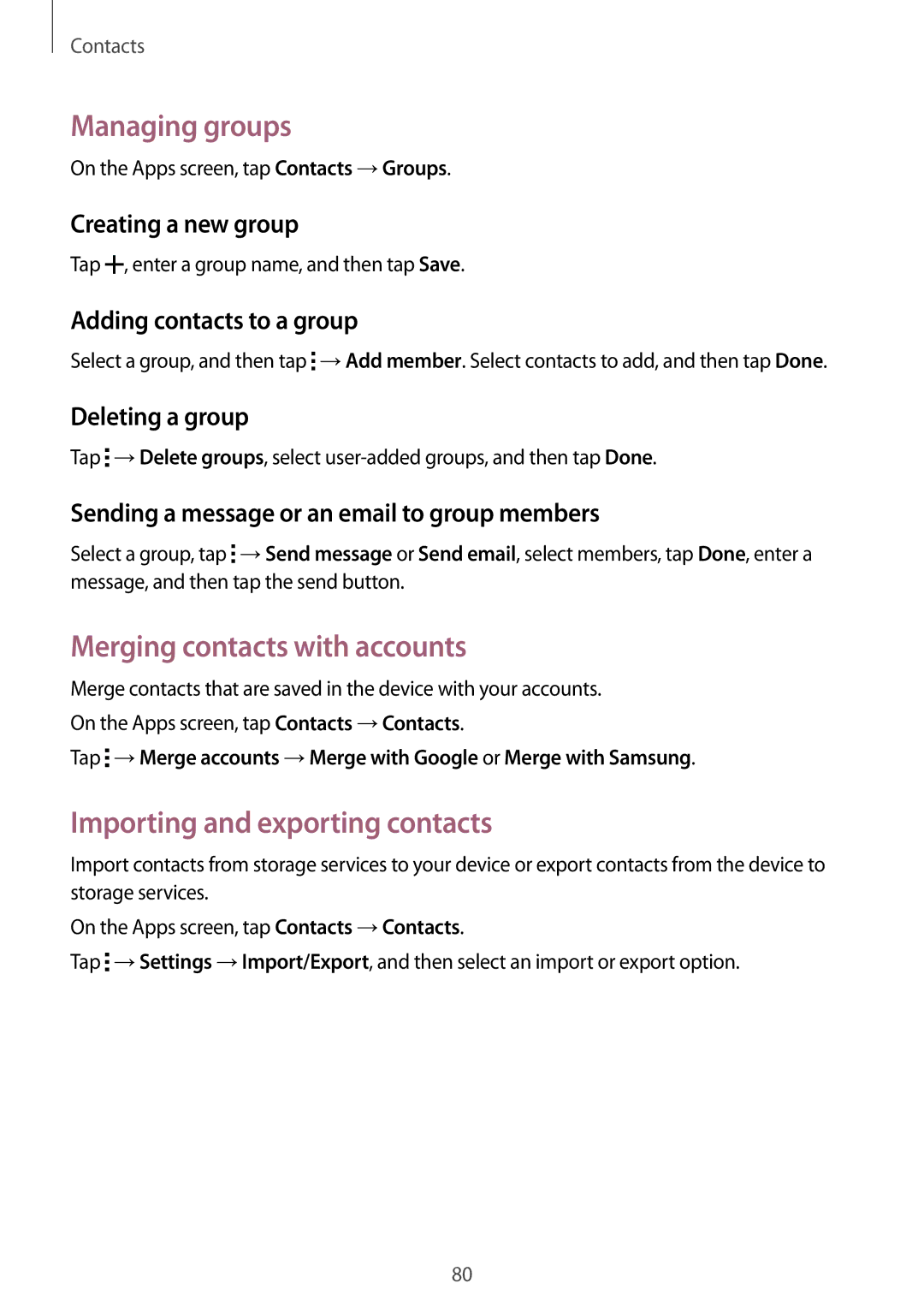 Samsung SM-T705NTSAKSA, SM-T705NTSAXXV Managing groups, Merging contacts with accounts, Importing and exporting contacts 