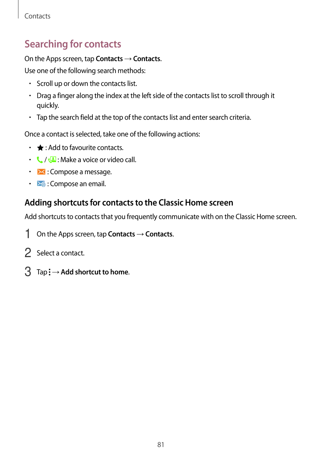 Samsung SM-T705NTSAXXV, SM-T705NTSAKSA Searching for contacts, Adding shortcuts for contacts to the Classic Home screen 