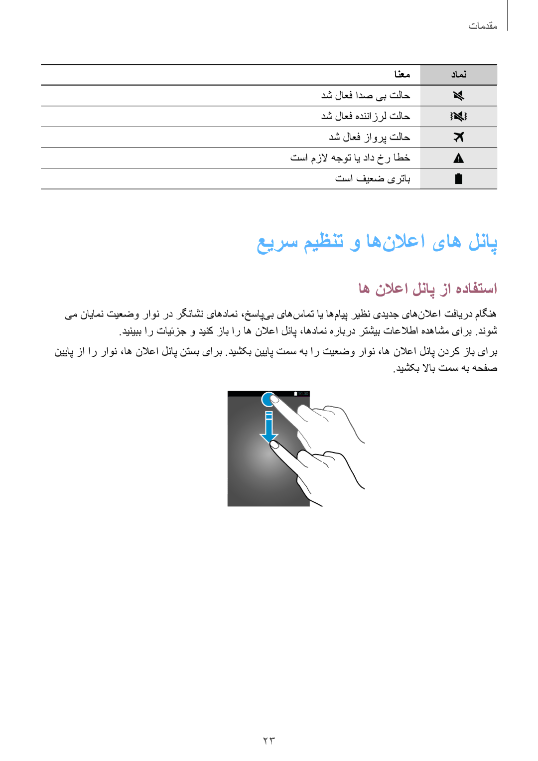 Samsung SM-T705NTSAKSA manual عیرس میظنت و اه‌نلاعا یاه لناپ, اه نلاعا لناپ زا هدافتسا 