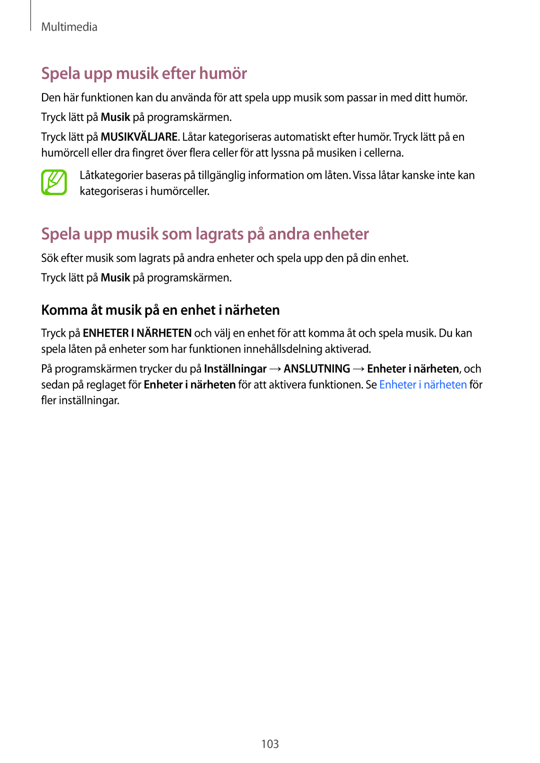 Samsung SM-T705NZWANEE, SM-T705NTSANEE manual Spela upp musik efter humör, Spela upp musik som lagrats på andra enheter 