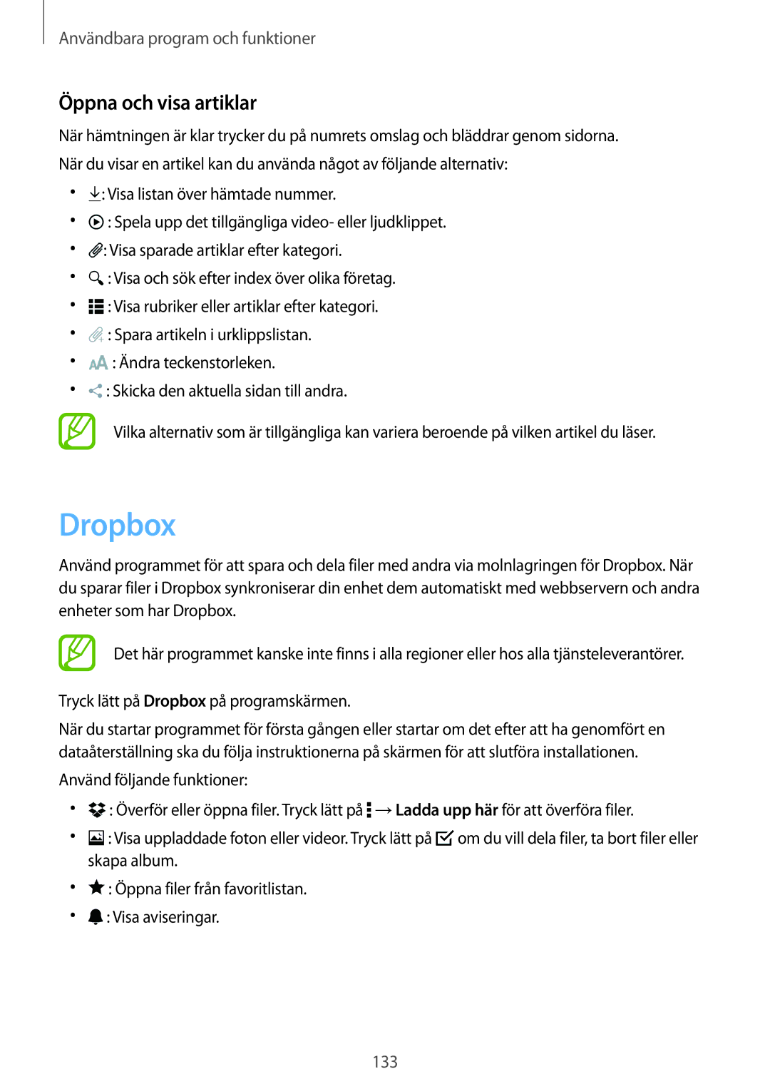 Samsung SM-T705NLSANEE, SM-T705NTSANEE, SM-T705NHAANEE, SM-T705NZWANEE manual Dropbox, Öppna och visa artiklar 