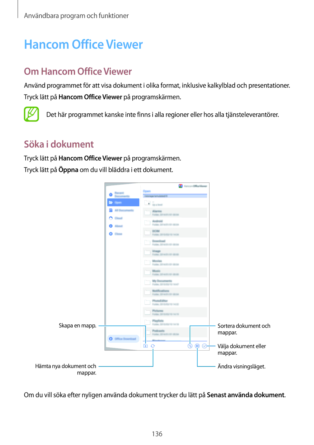 Samsung SM-T705NTSANEE, SM-T705NLSANEE, SM-T705NHAANEE, SM-T705NZWANEE manual Om Hancom Office Viewer, Söka i dokument 