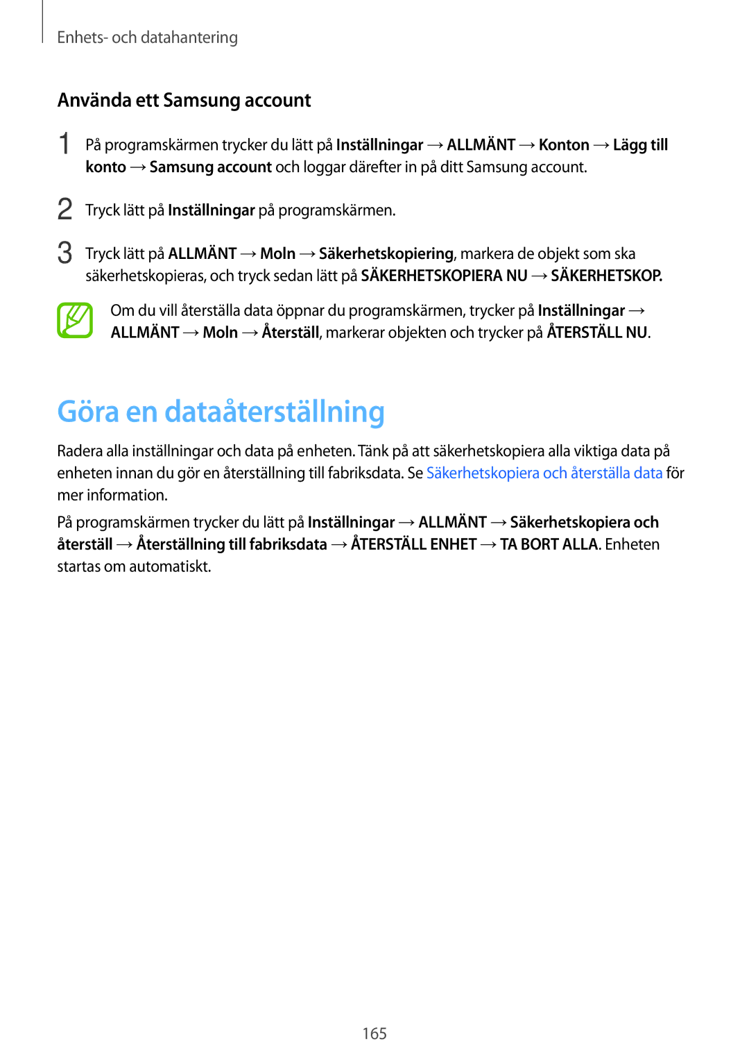 Samsung SM-T705NLSANEE, SM-T705NTSANEE, SM-T705NHAANEE manual Göra en dataåterställning, Använda ett Samsung account 