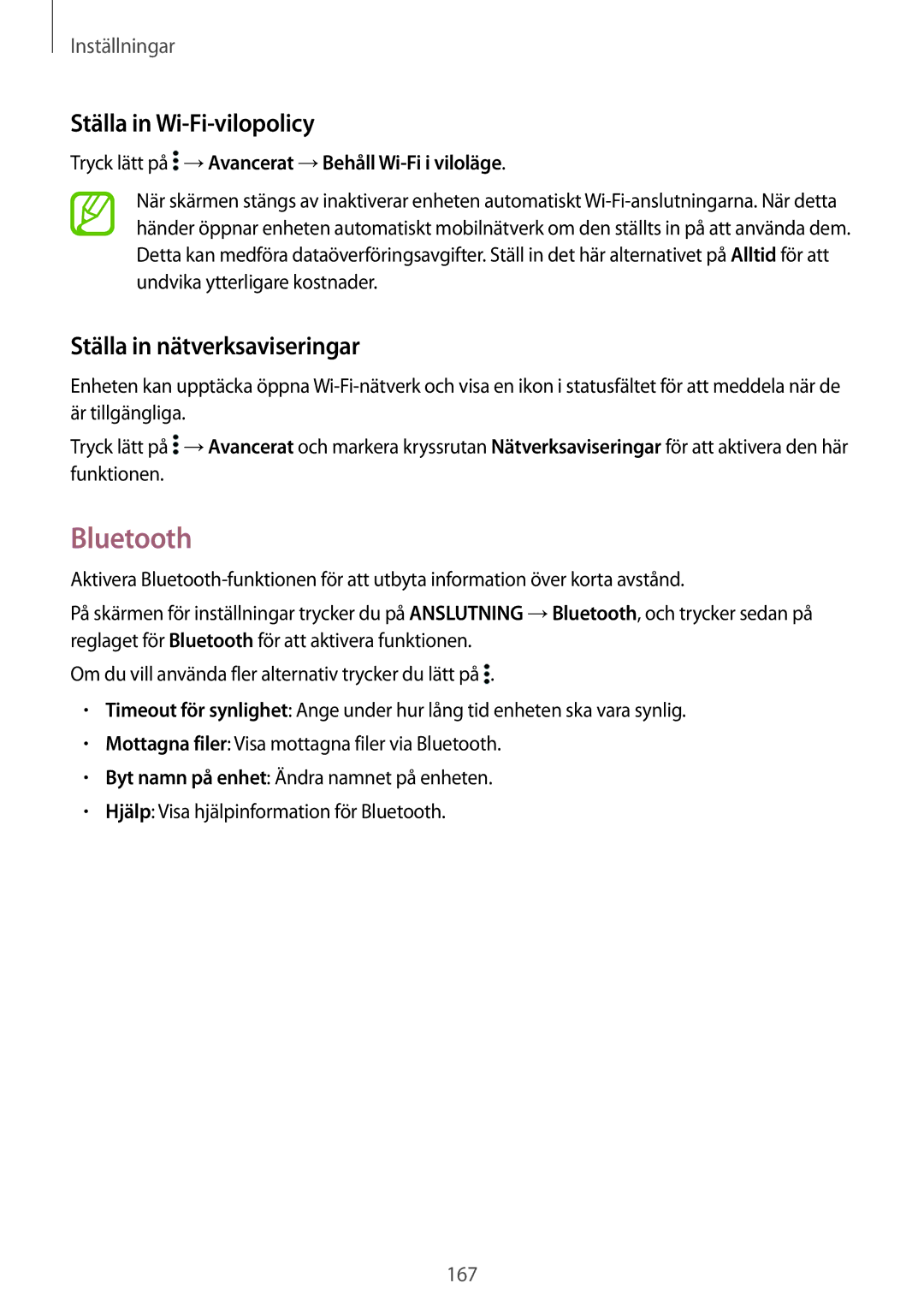 Samsung SM-T705NZWANEE, SM-T705NTSANEE, SM-T705NLSANEE Bluetooth, Ställa in Wi-Fi-vilopolicy, Ställa in nätverksaviseringar 