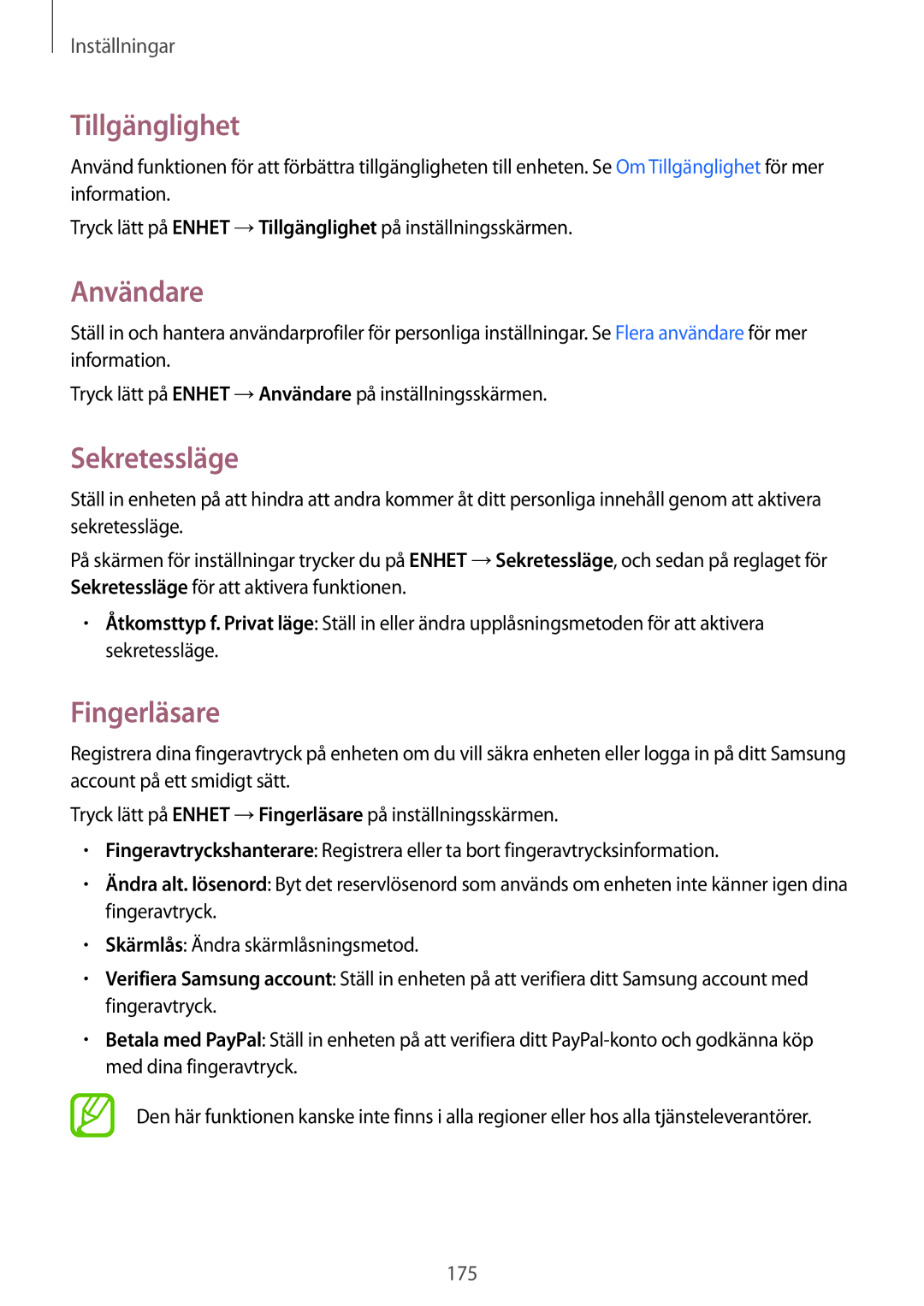 Samsung SM-T705NZWANEE, SM-T705NTSANEE, SM-T705NLSANEE manual Tillgänglighet, Användare, Sekretessläge, Fingerläsare 