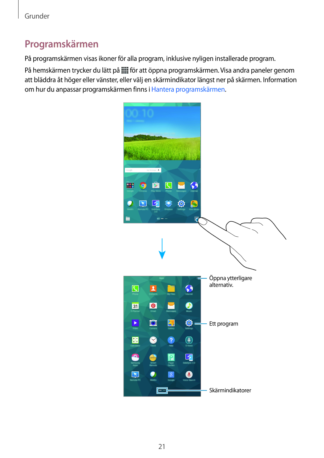 Samsung SM-T705NLSANEE, SM-T705NTSANEE, SM-T705NHAANEE, SM-T705NZWANEE manual Programskärmen 