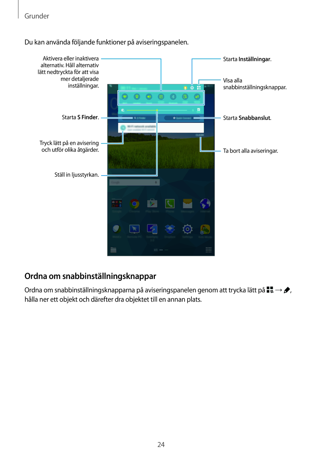 Samsung SM-T705NTSANEE manual Ordna om snabbinställningsknappar, Du kan använda följande funktioner på aviseringspanelen 