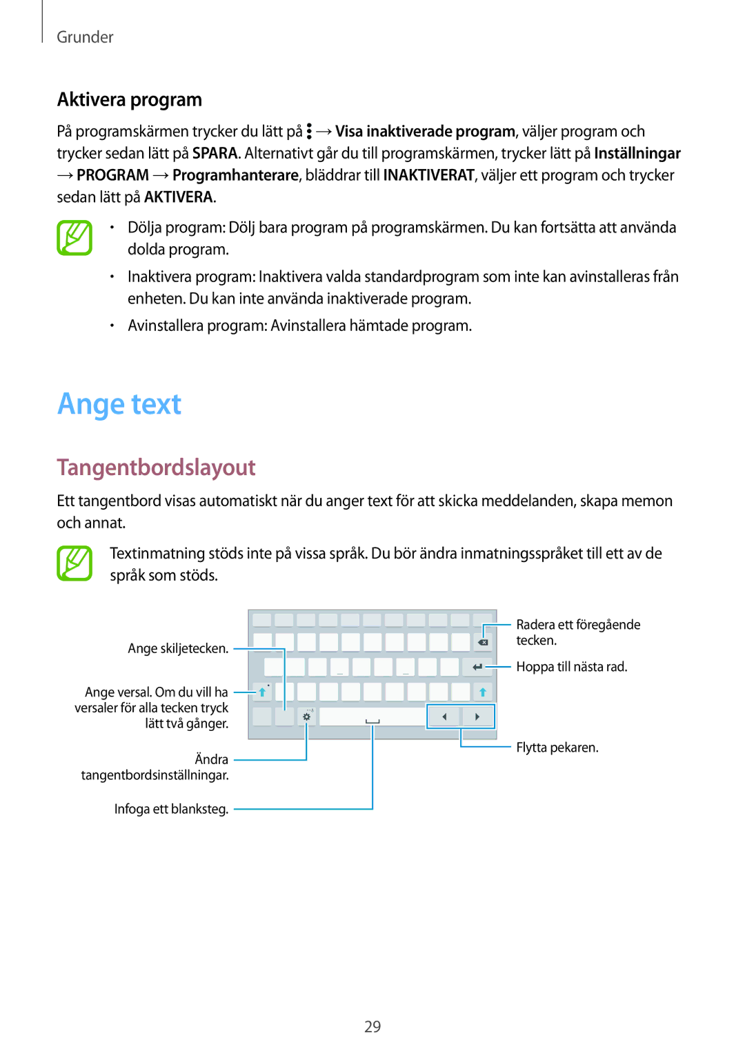 Samsung SM-T705NLSANEE, SM-T705NTSANEE, SM-T705NHAANEE, SM-T705NZWANEE manual Ange text, Tangentbordslayout, Aktivera program 