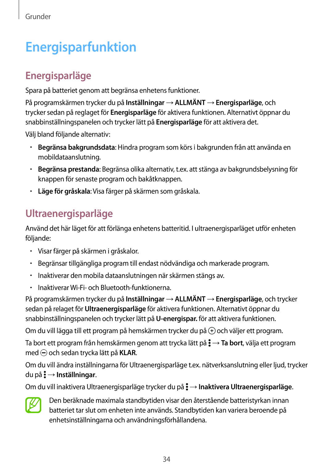 Samsung SM-T705NHAANEE, SM-T705NTSANEE, SM-T705NLSANEE manual Energisparfunktion, Energisparläge, Ultraenergisparläge 