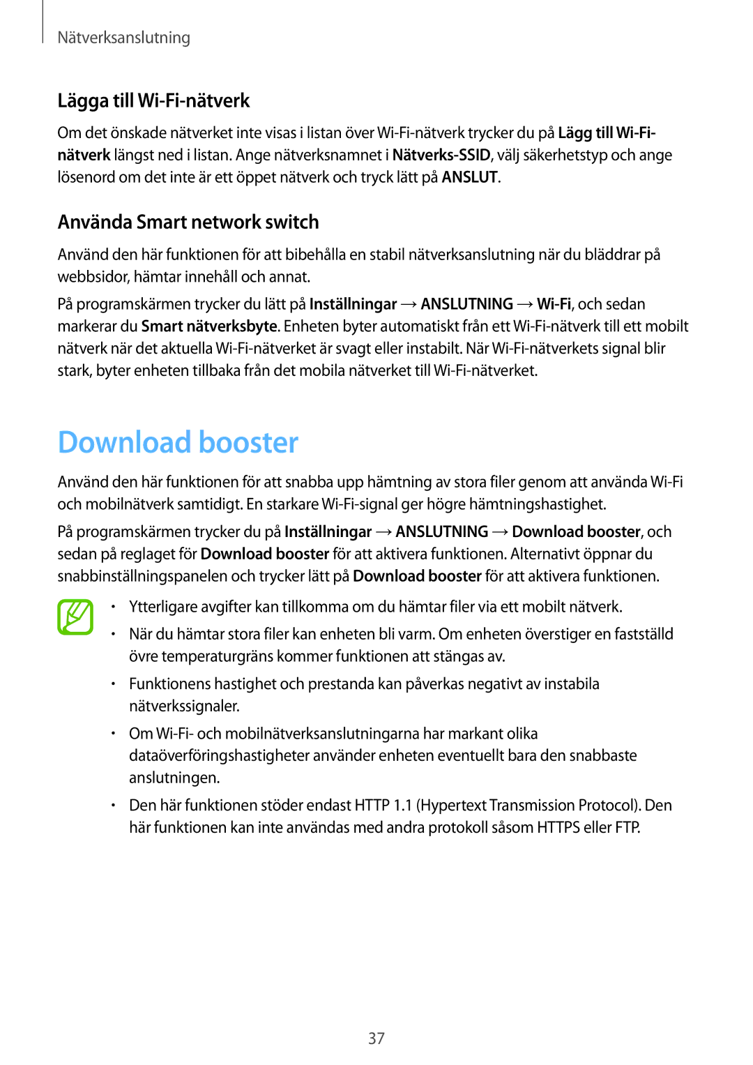 Samsung SM-T705NLSANEE, SM-T705NTSANEE manual Download booster, Lägga till Wi-Fi-nätverk, Använda Smart network switch 