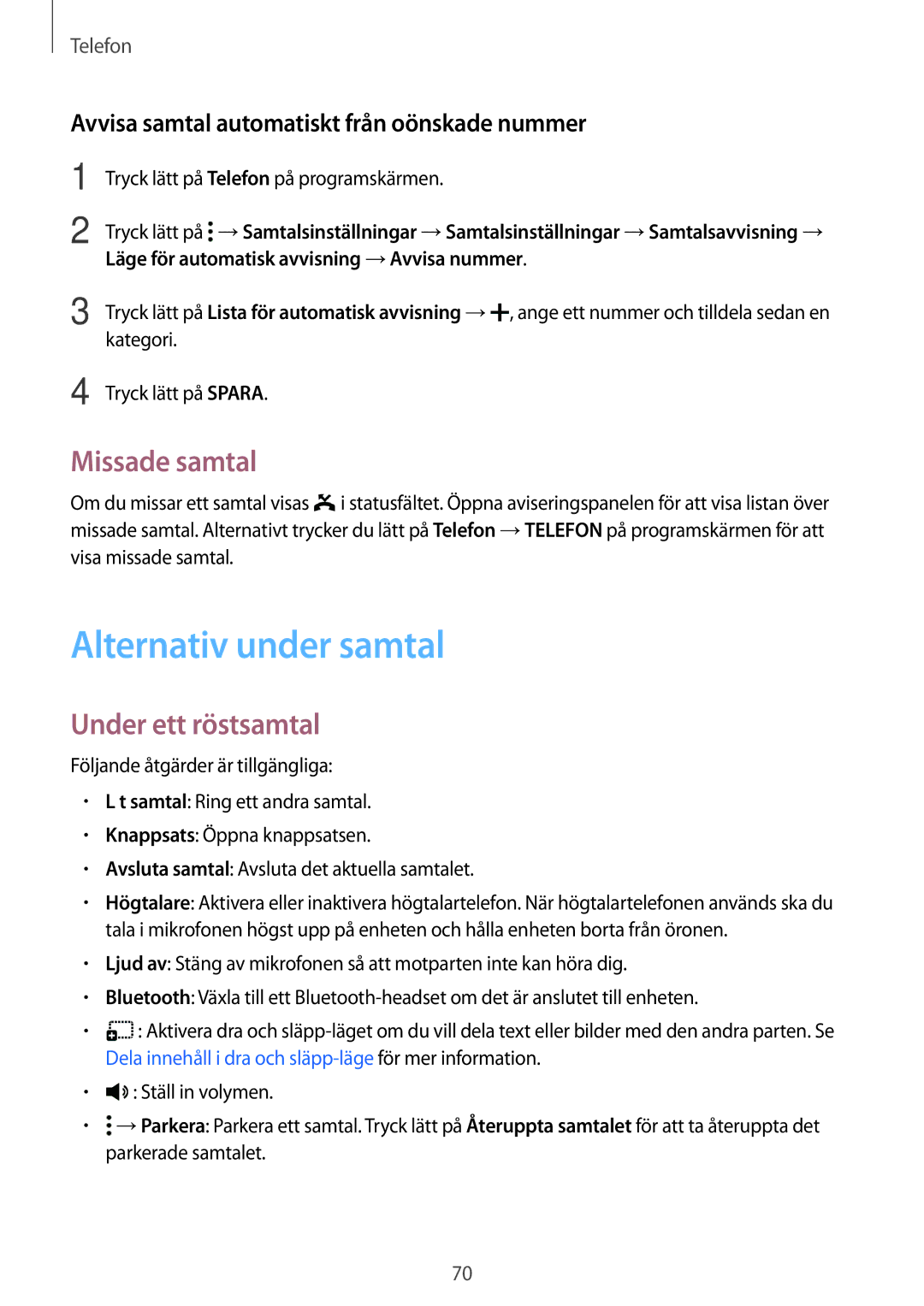 Samsung SM-T705NHAANEE, SM-T705NTSANEE, SM-T705NLSANEE manual Alternativ under samtal, Missade samtal, Under ett röstsamtal 