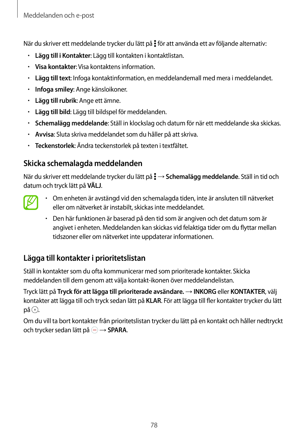 Samsung SM-T705NHAANEE, SM-T705NTSANEE manual Skicka schemalagda meddelanden, Lägga till kontakter i prioritetslistan 