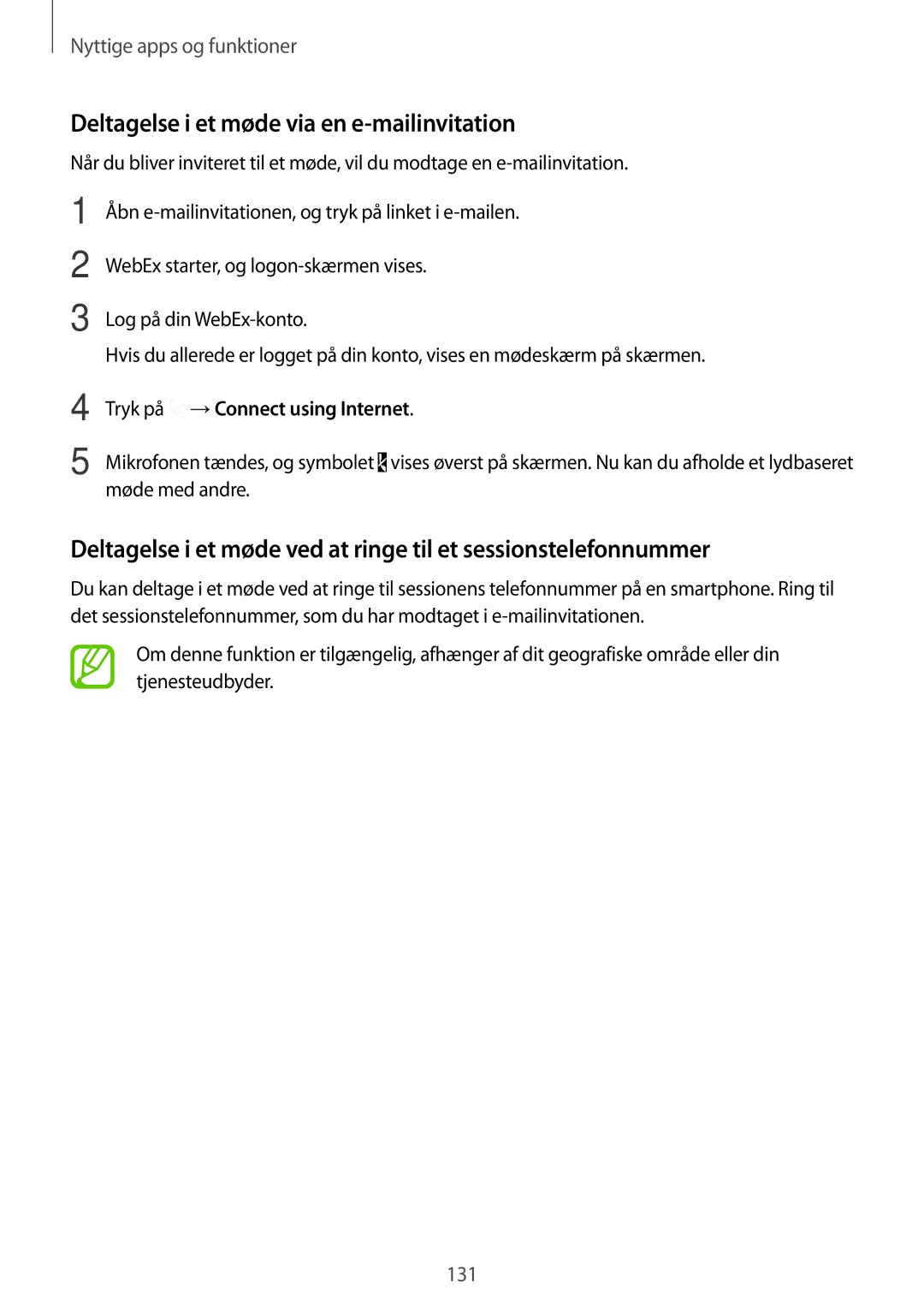 Samsung SM-T705NZWANEE, SM-T705NTSANEE, SM-T705NLSANEE, SM-T705NHAANEE manual Deltagelse i et møde via en e-mailinvitation 