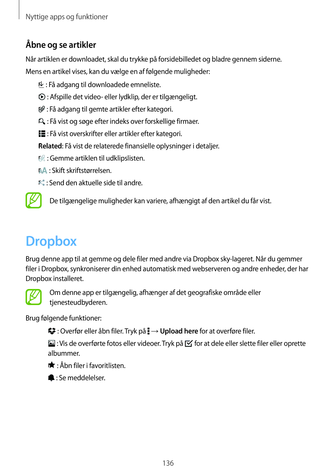 Samsung SM-T705NTSANEE, SM-T705NLSANEE, SM-T705NHAANEE, SM-T705NZWANEE manual Dropbox, Åbne og se artikler 