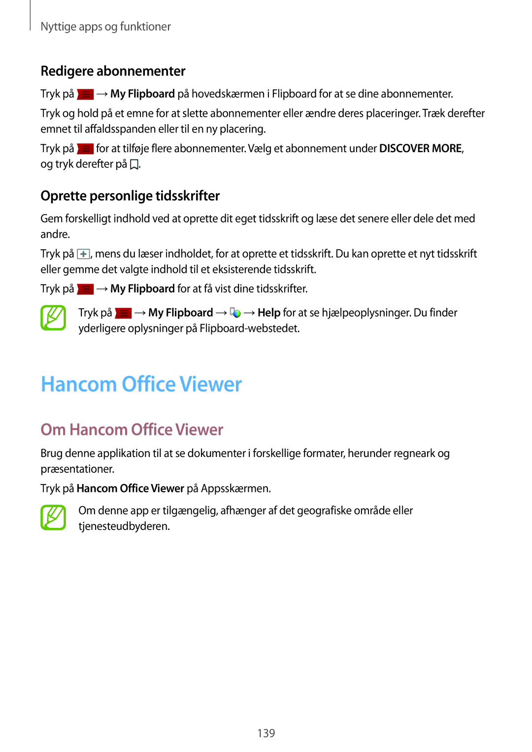 Samsung SM-T705NZWANEE, SM-T705NTSANEE Om Hancom Office Viewer, Redigere abonnementer, Oprette personlige tidsskrifter 